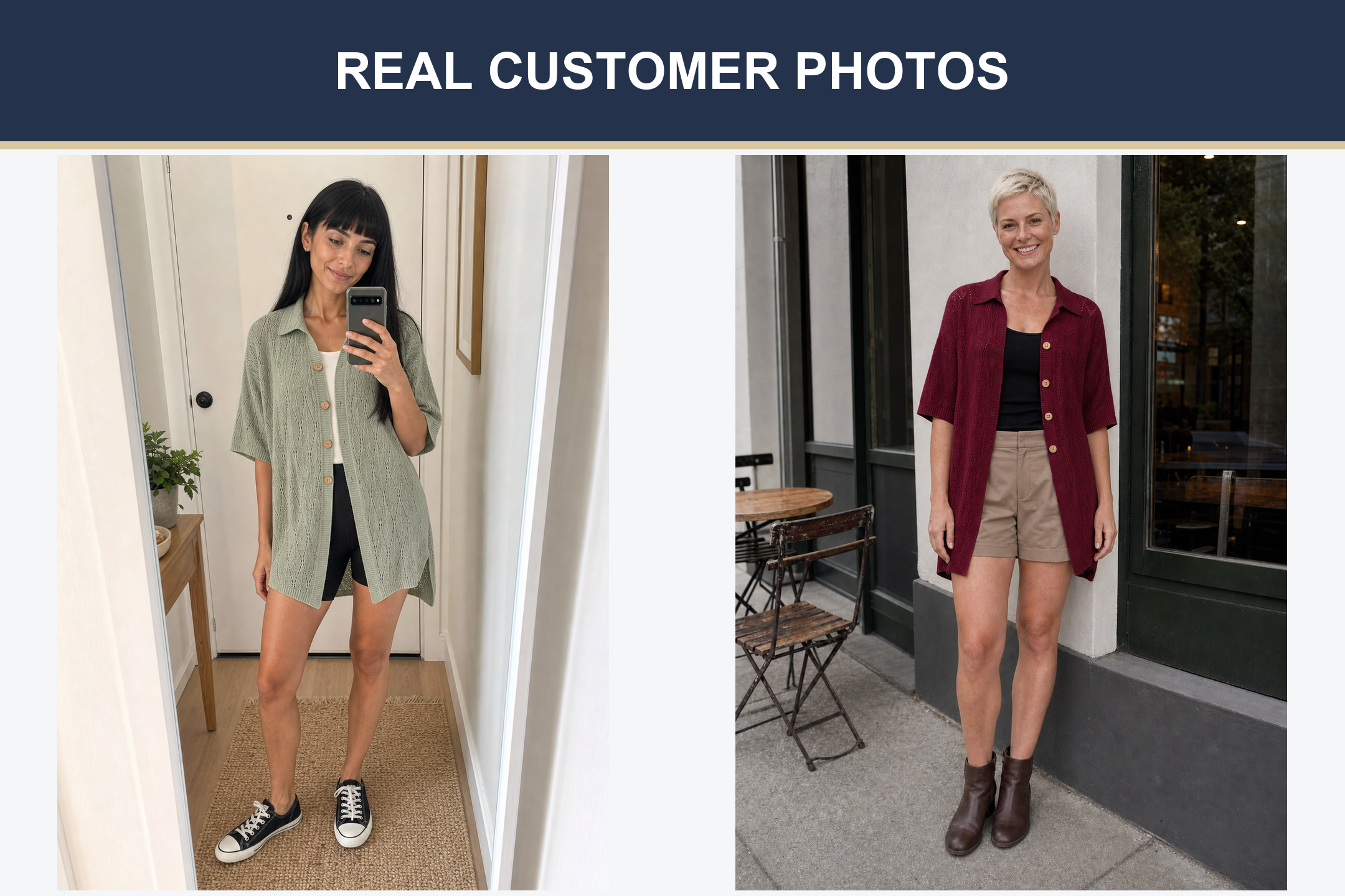 Real customer photos wearing sage and burgundy knit cardigans