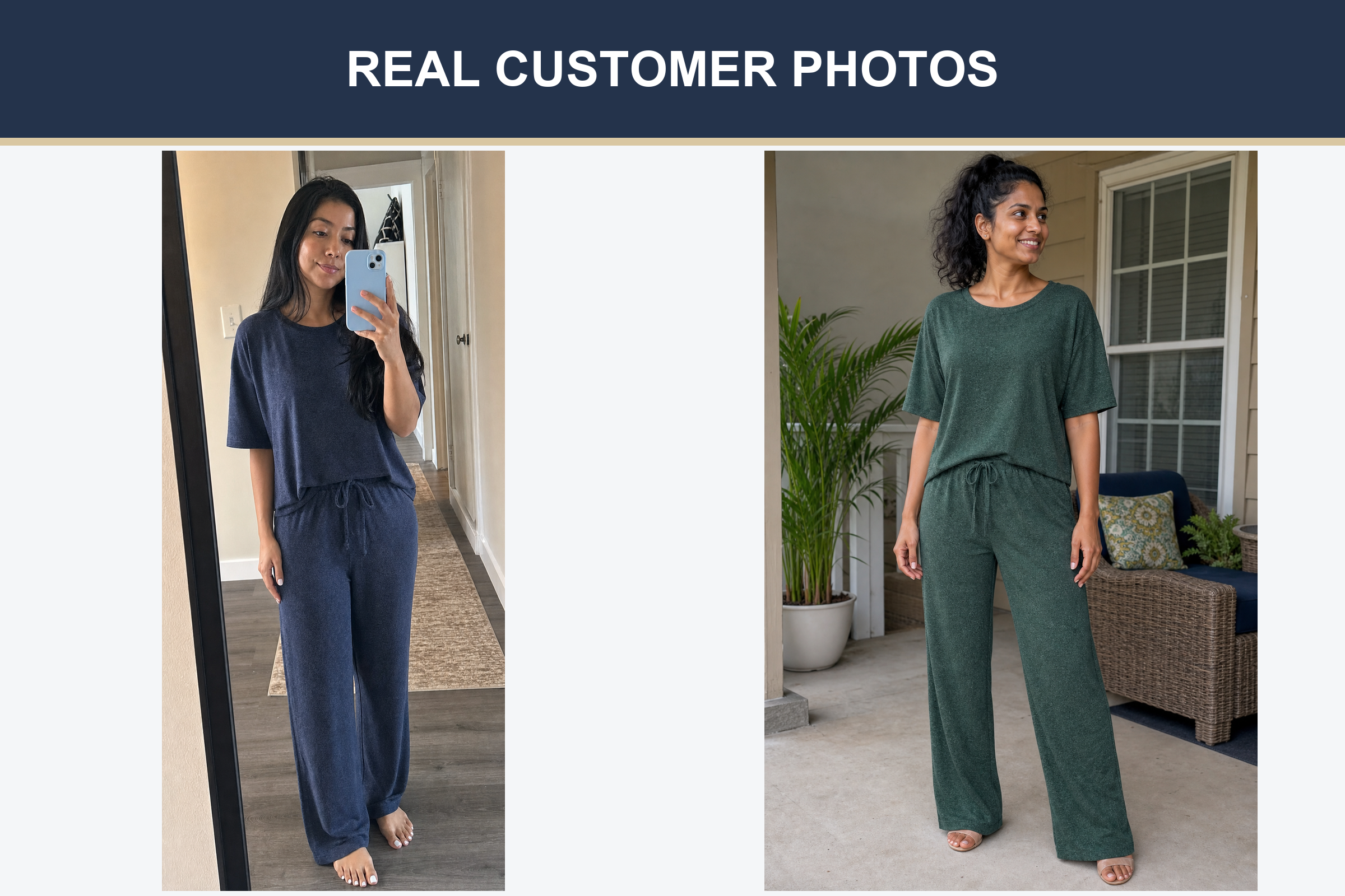 Real customer photos wearing deep navy and forest green lounge sets