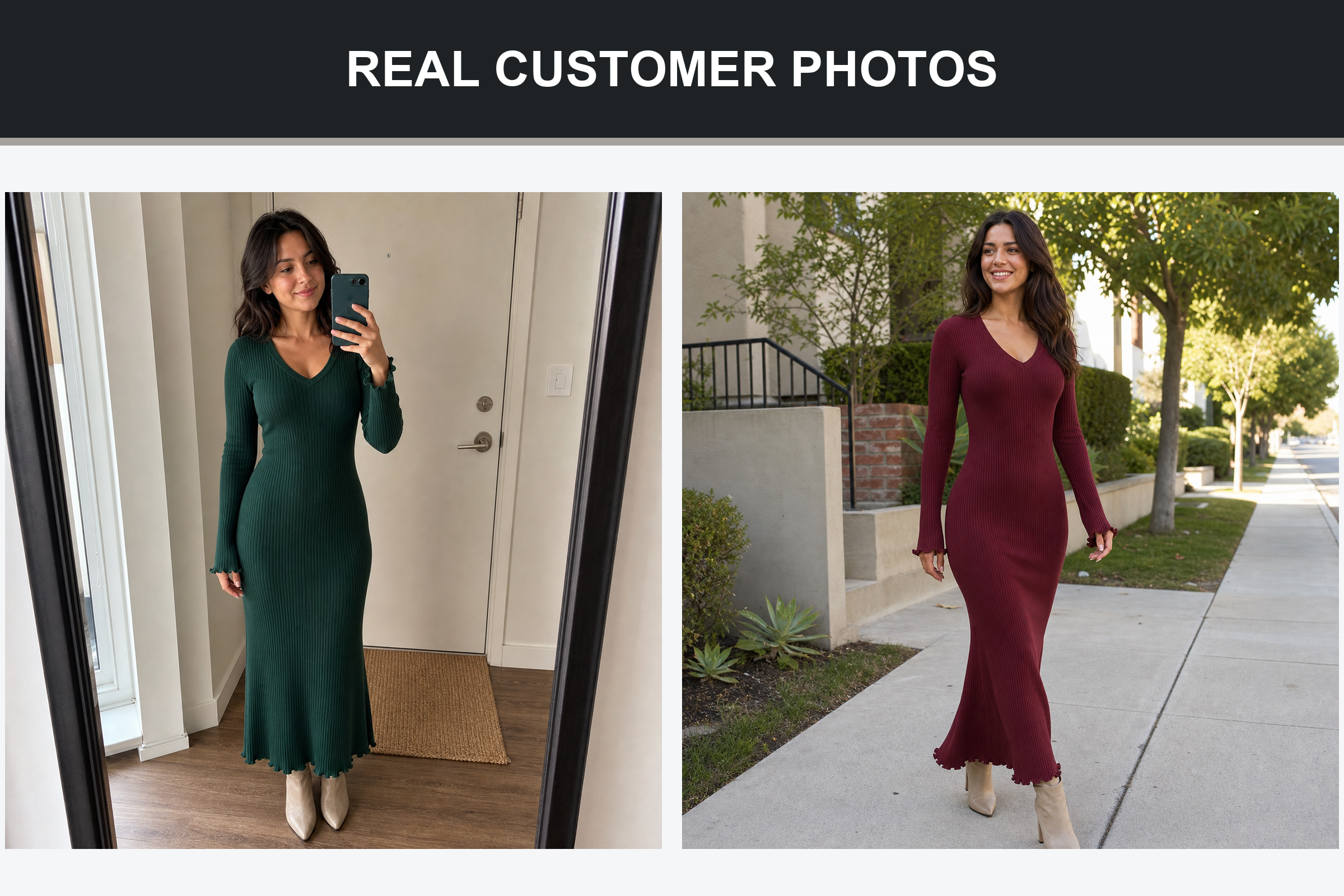 Real customer photos wearing green and burgundy ribbed maxi dresses
