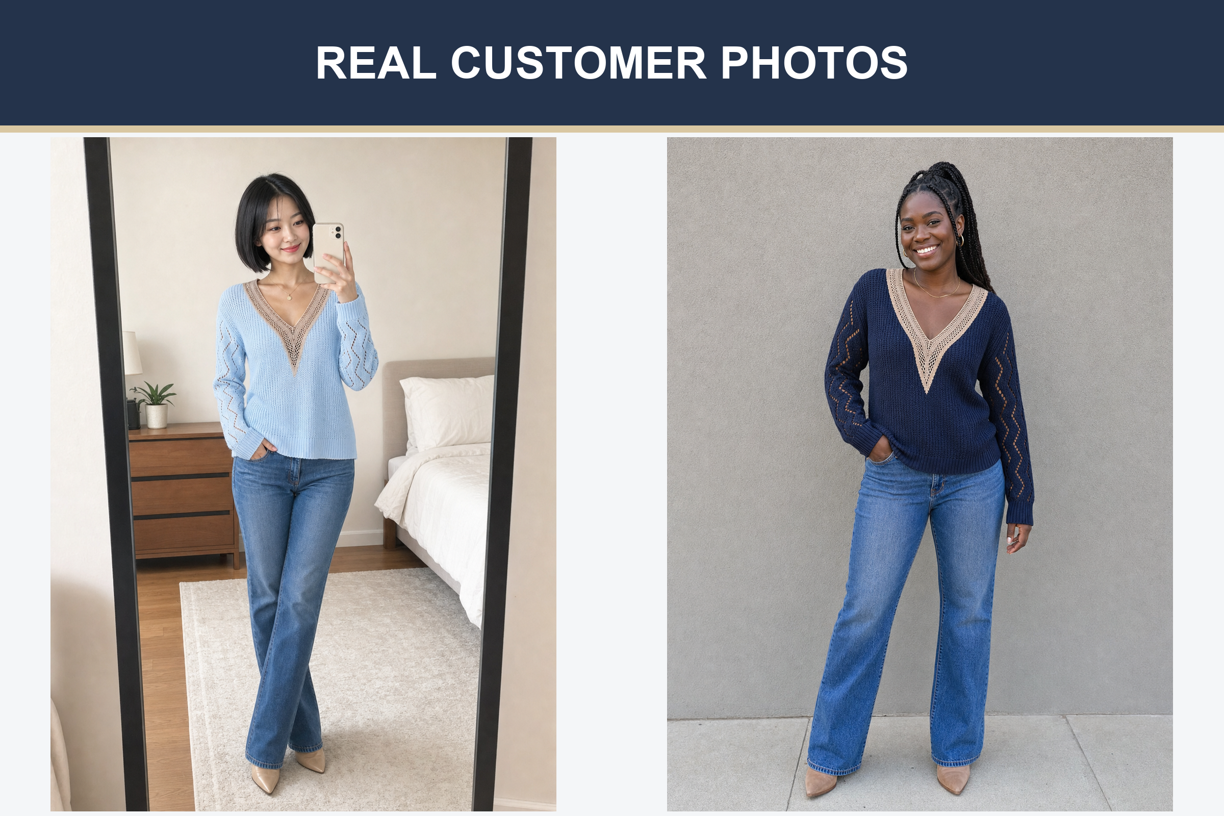 Real customer photos in sky blue and deep navy openwork knit tops