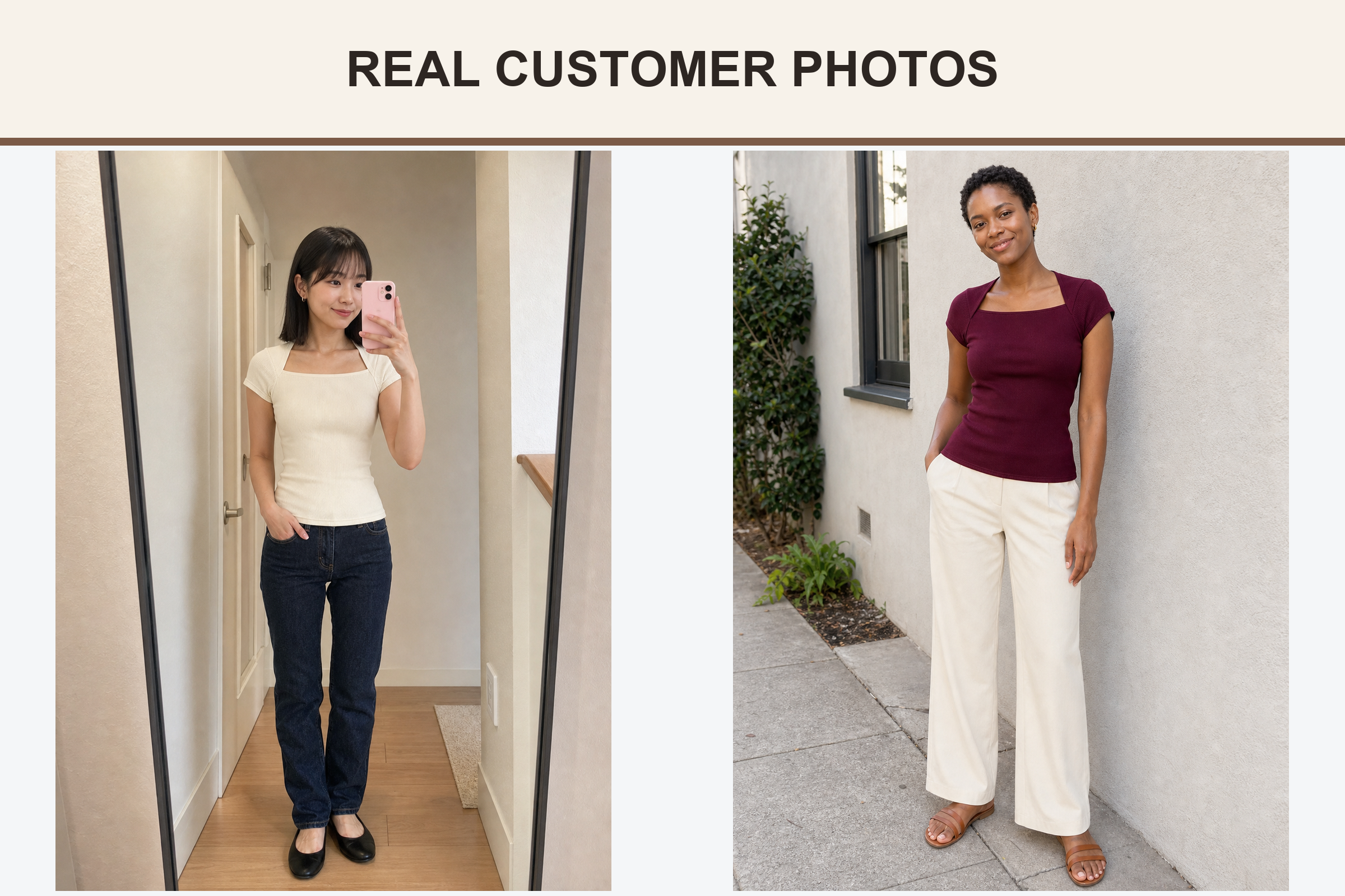 Customer photos wearing ivory and burgundy square-neck tops