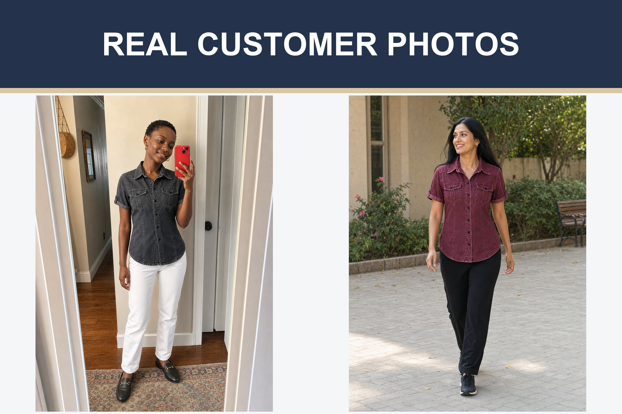 Real customer photos wearing charcoal and burgundy denim shirts