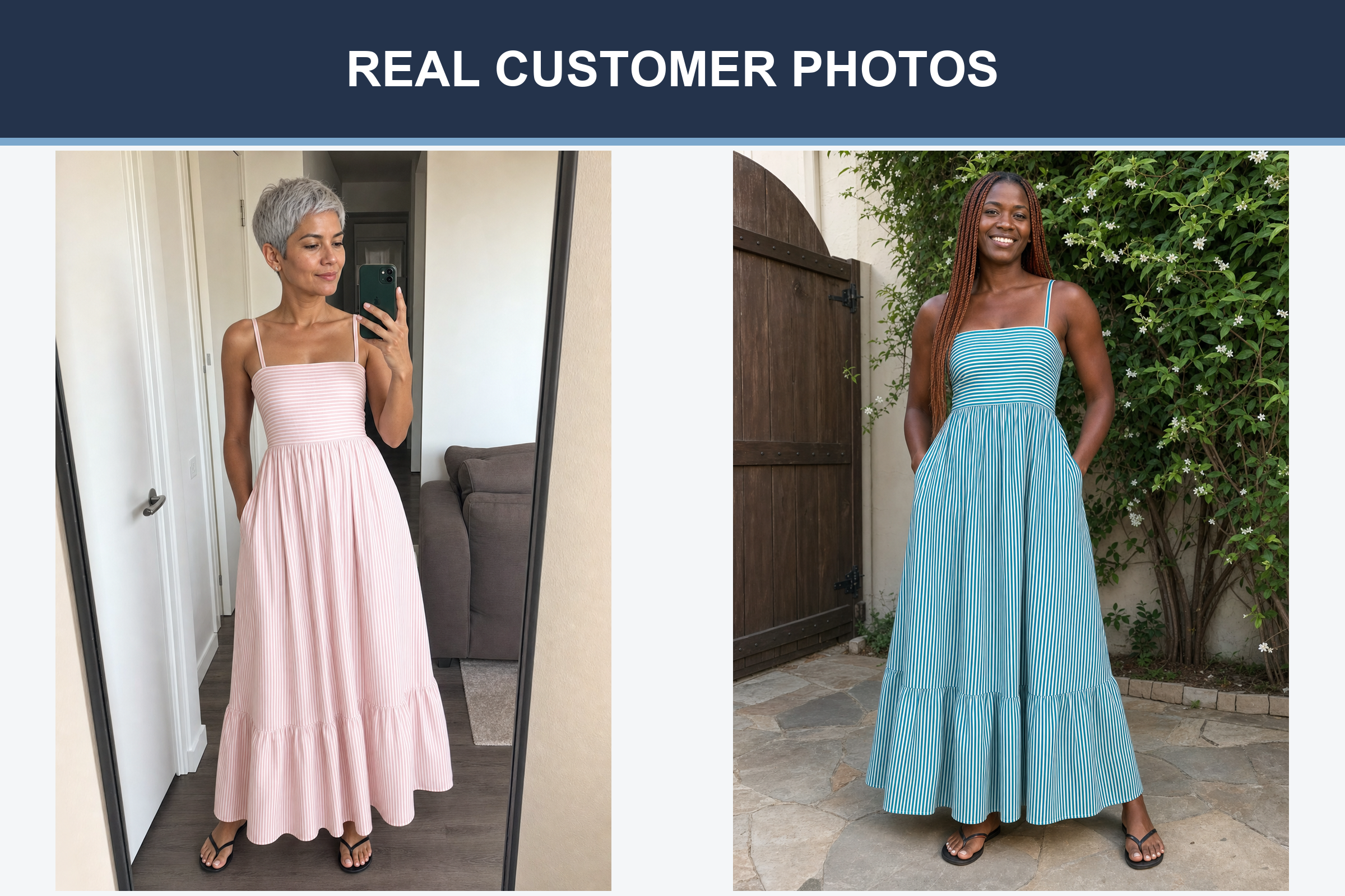 Real customer photos wearing blush and teal striped maxi dresses