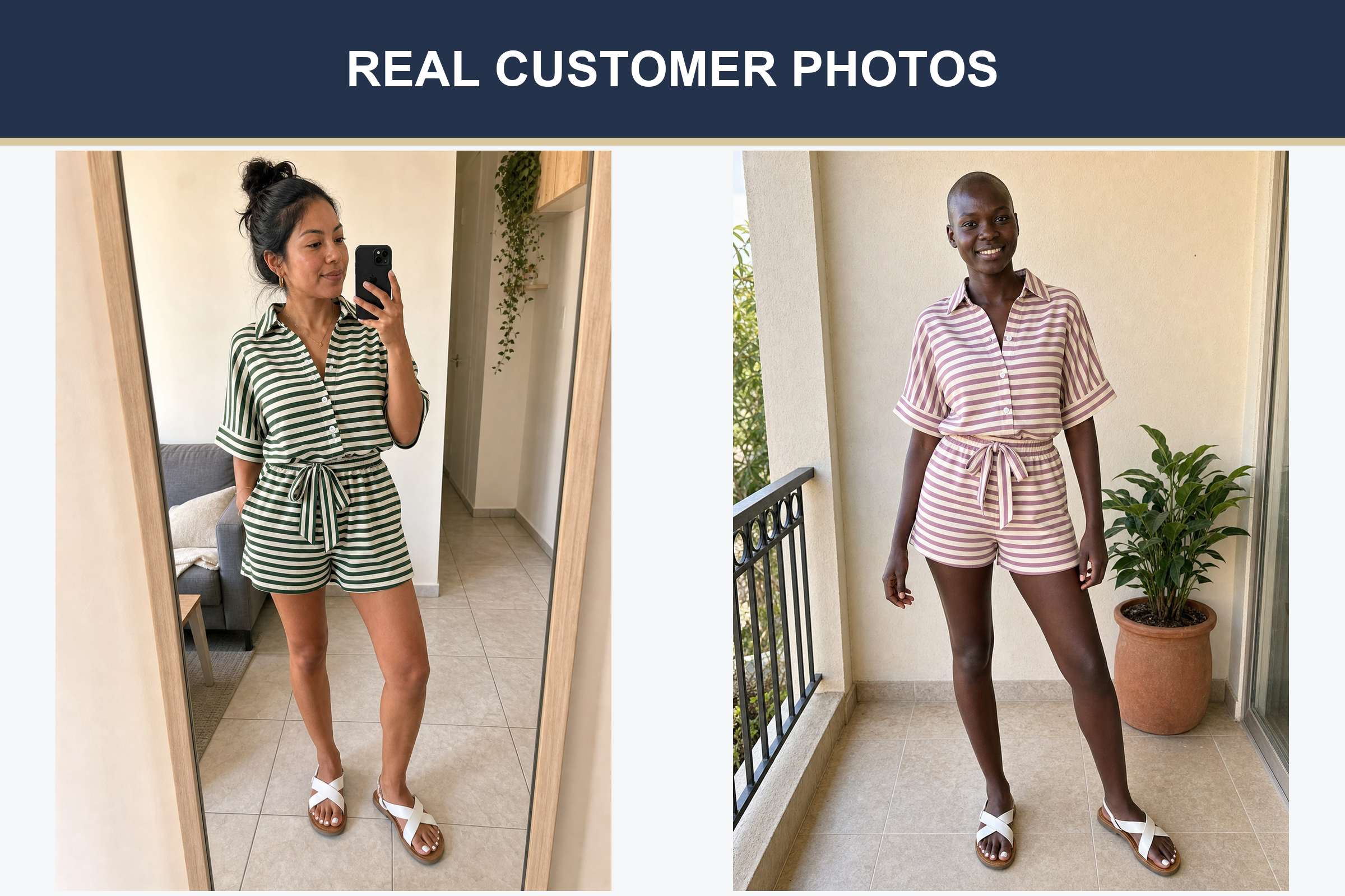 Real customer striped shirt and shorts set photos in forest green and mauve
