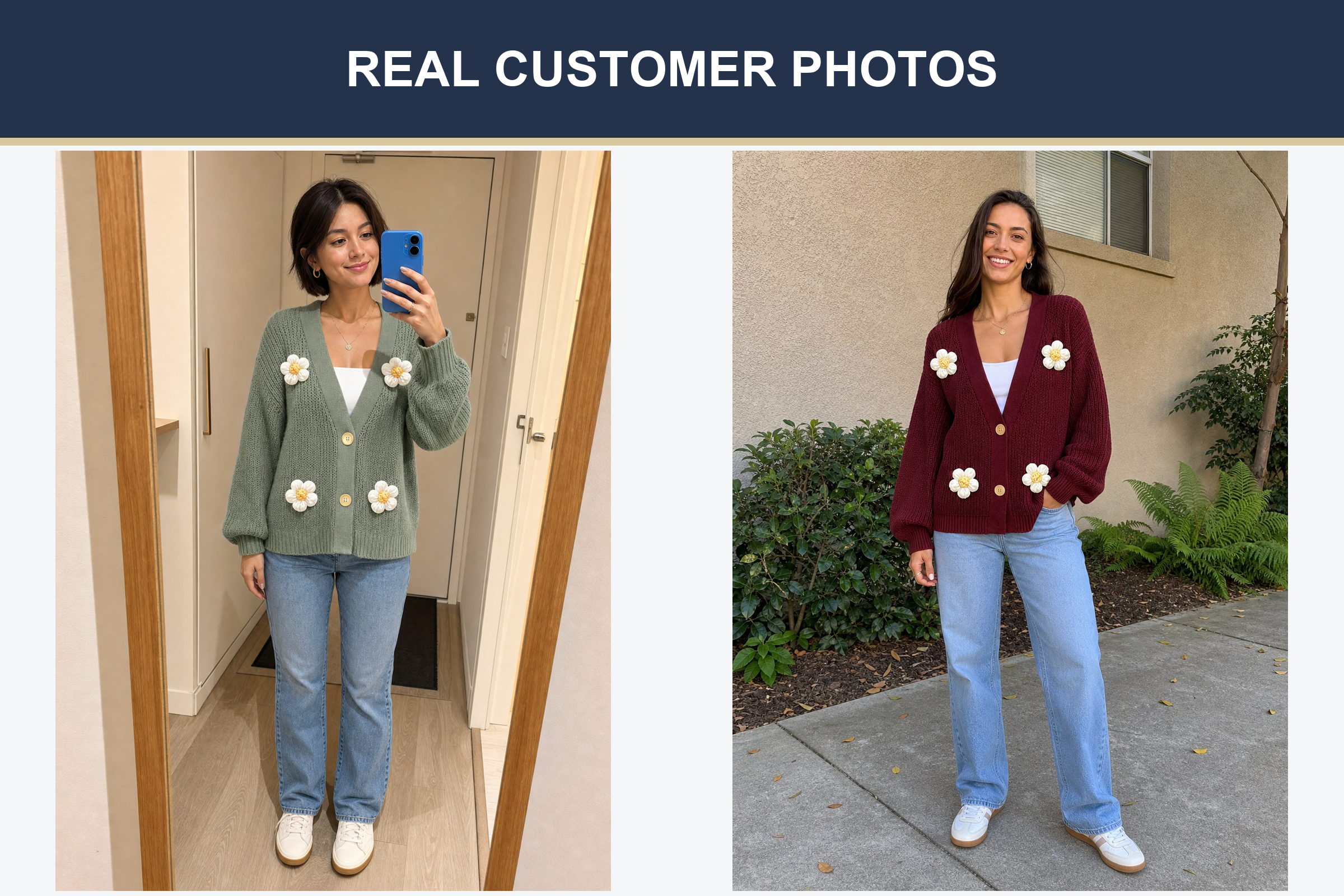 Real customer photos in sage and burgundy daisy cardigans