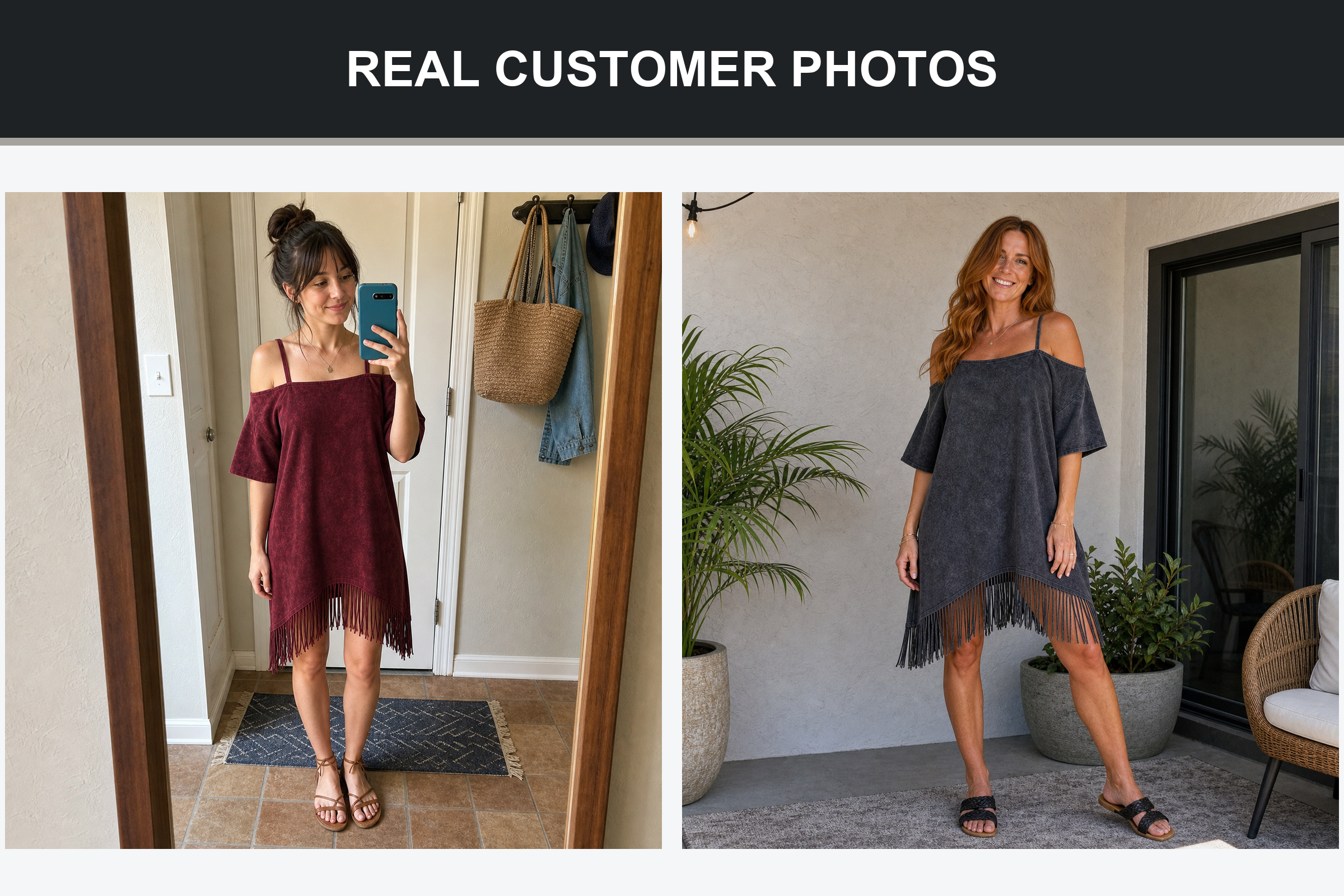 Real customer photos wearing burgundy and charcoal fringe shift mini dresses