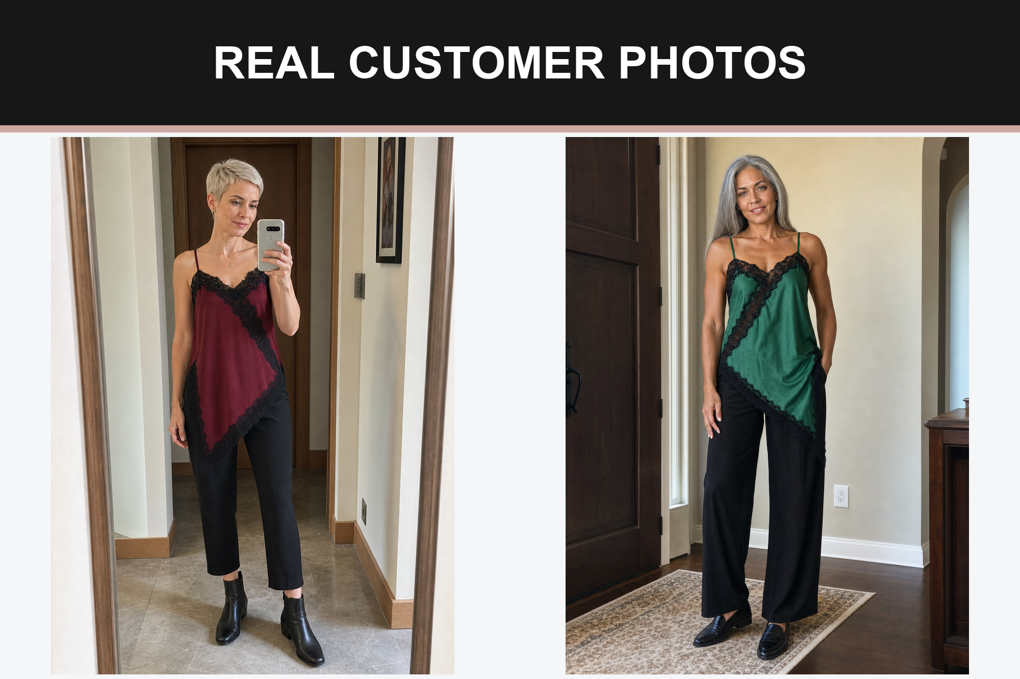 Real customer photos wearing burgundy and emerald contrast lace camisoles