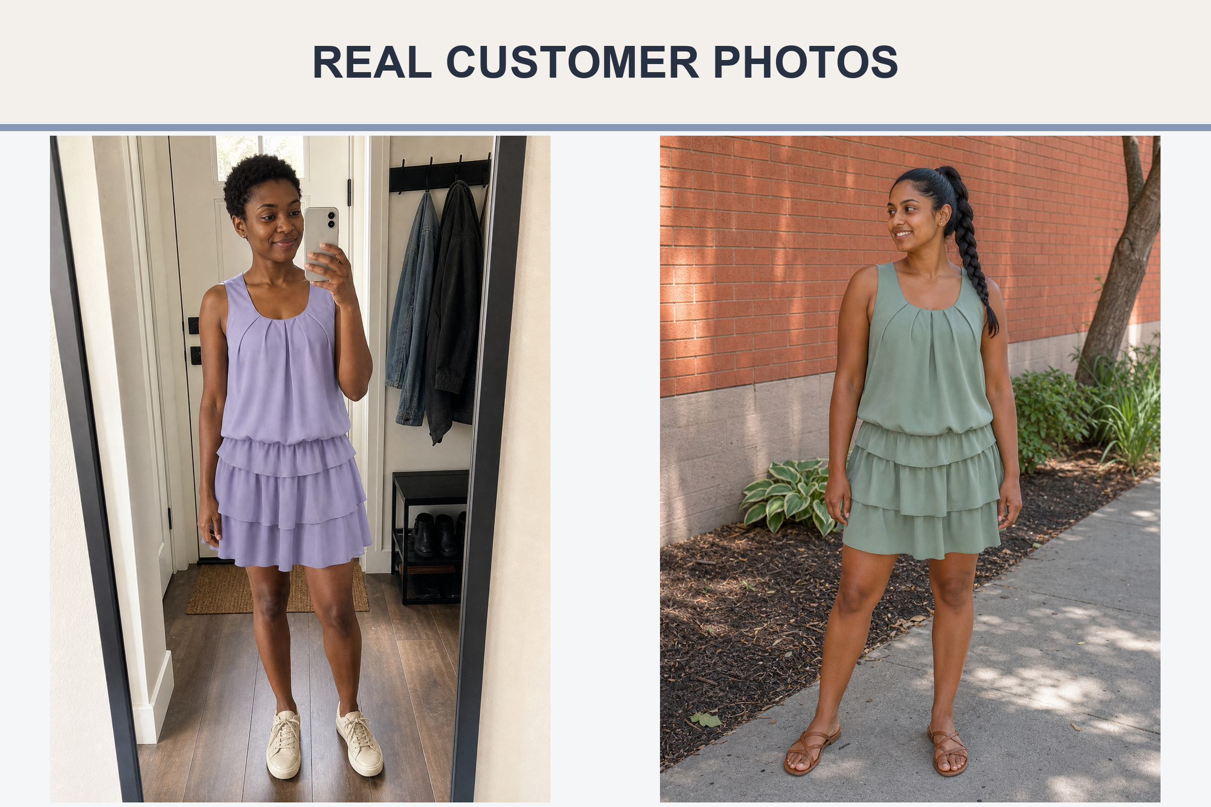 Real customer photos wearing lavender and sage tiered flounce mini dresses