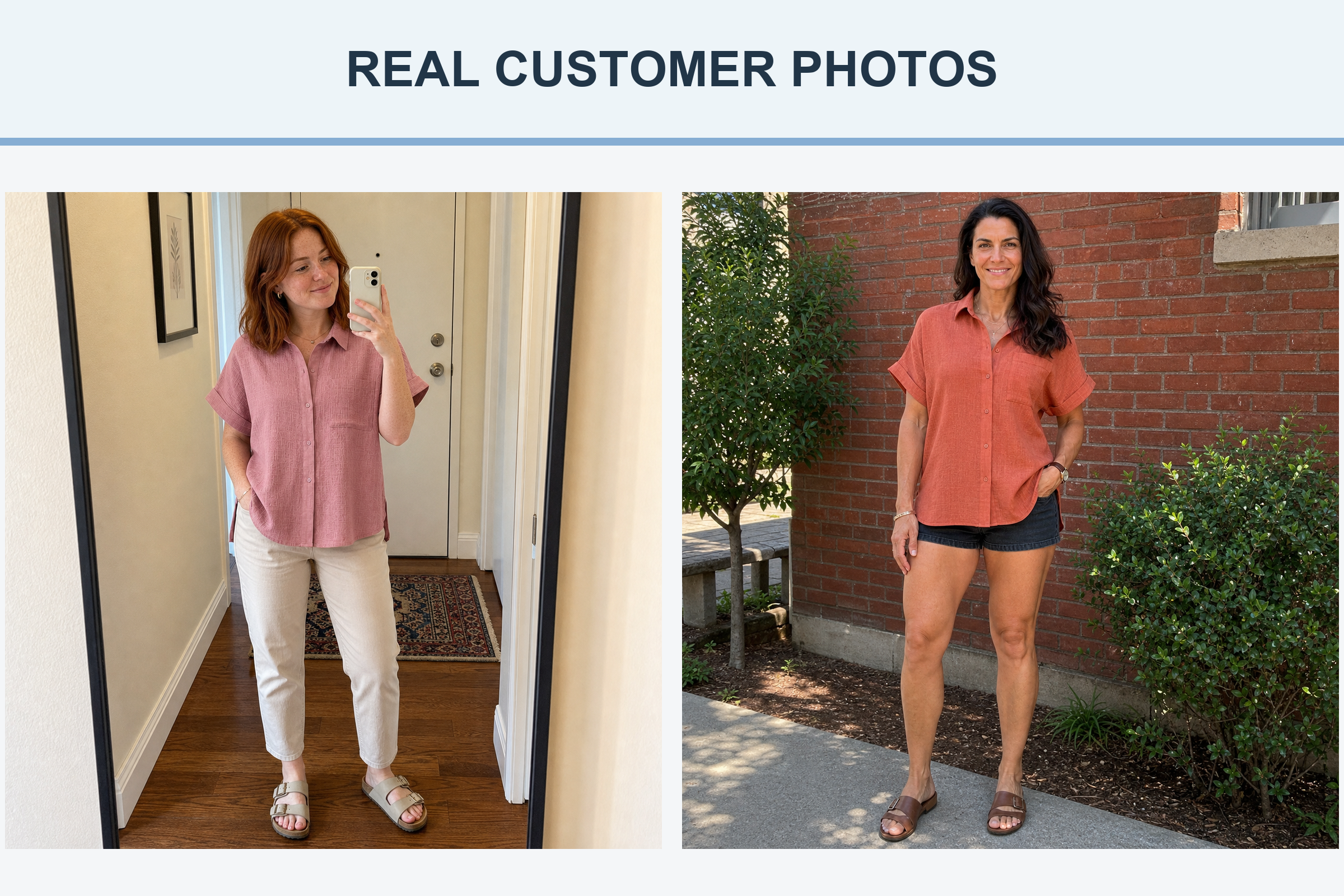 Real customer photos wearing dusty rose and terracotta textured shirts