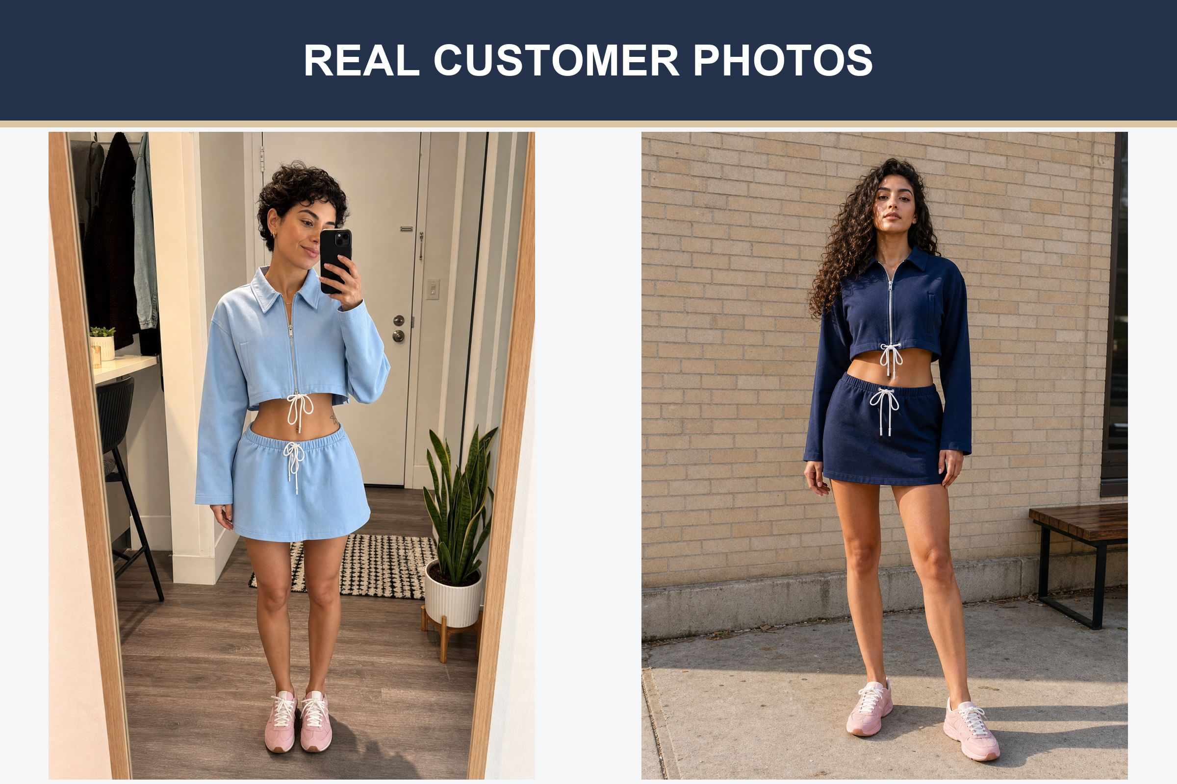 Real customer photos in sky blue and deep navy two-piece sets