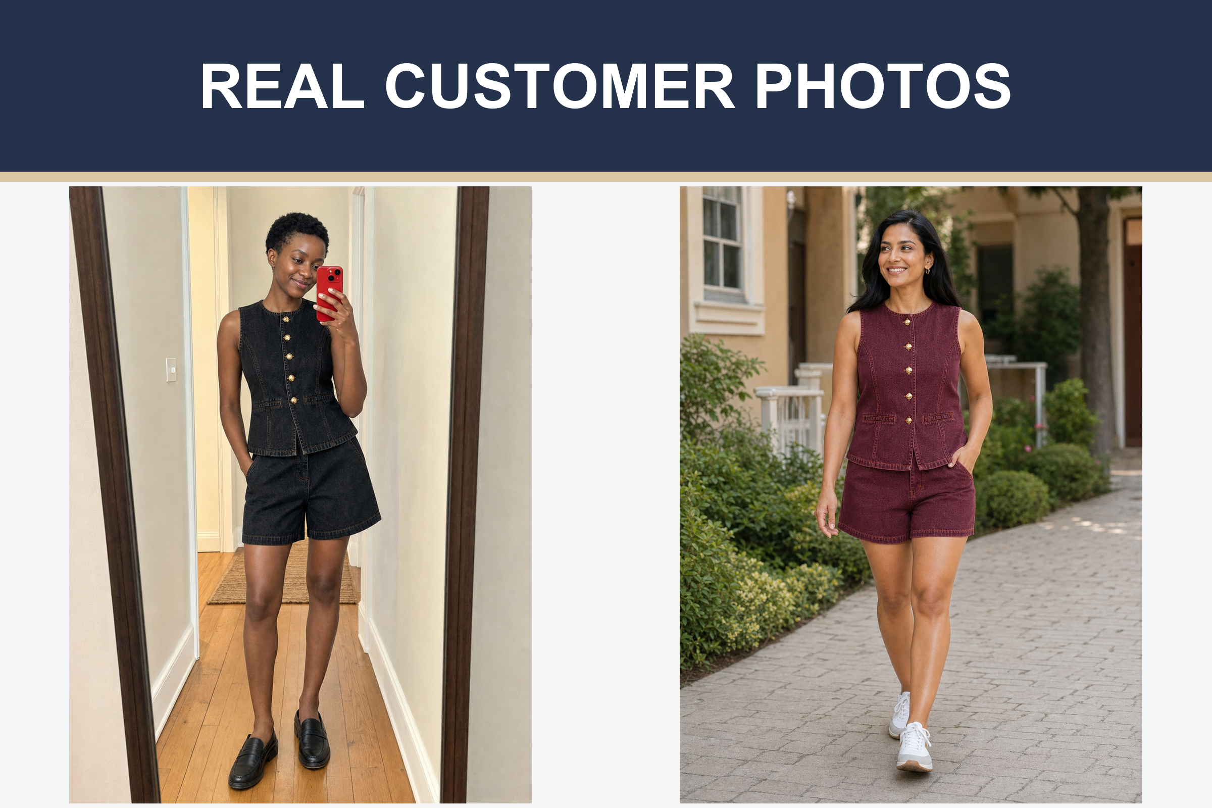 Real customer photos wearing black and burgundy denim sets