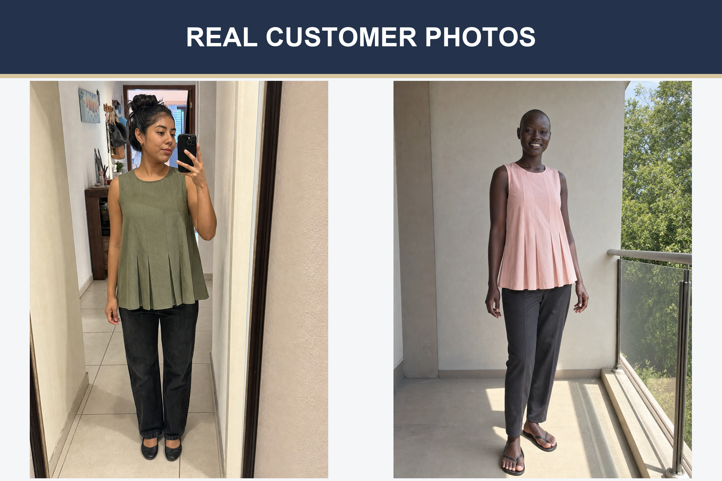 Real customer pleated sleeveless top photos in olive green and blush pink