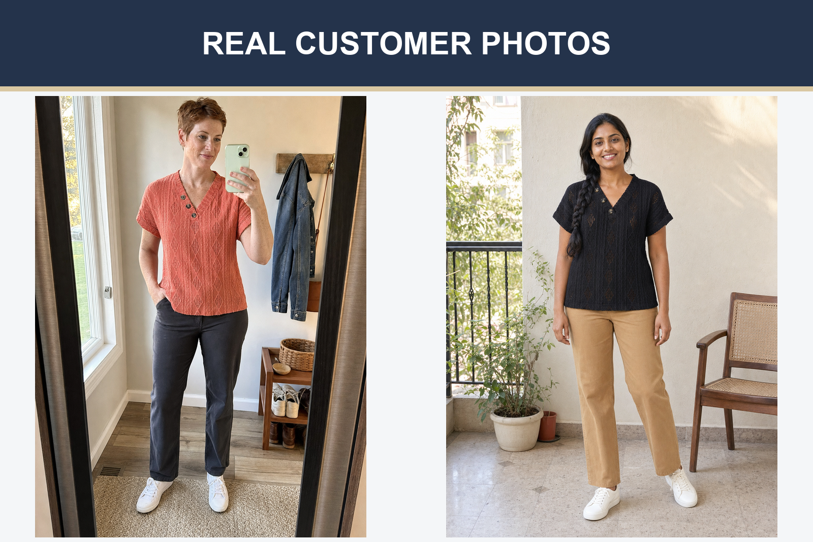 Real customer photos wearing sky blue and sage openwork tops