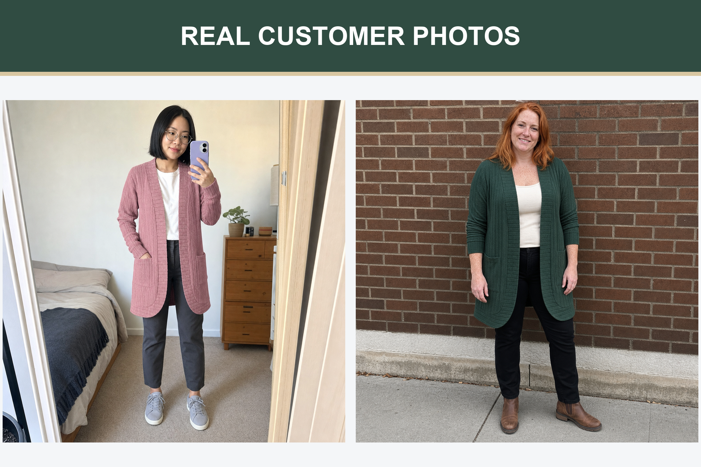 Real customer photos wearing dusty rose and forest green long cardigans