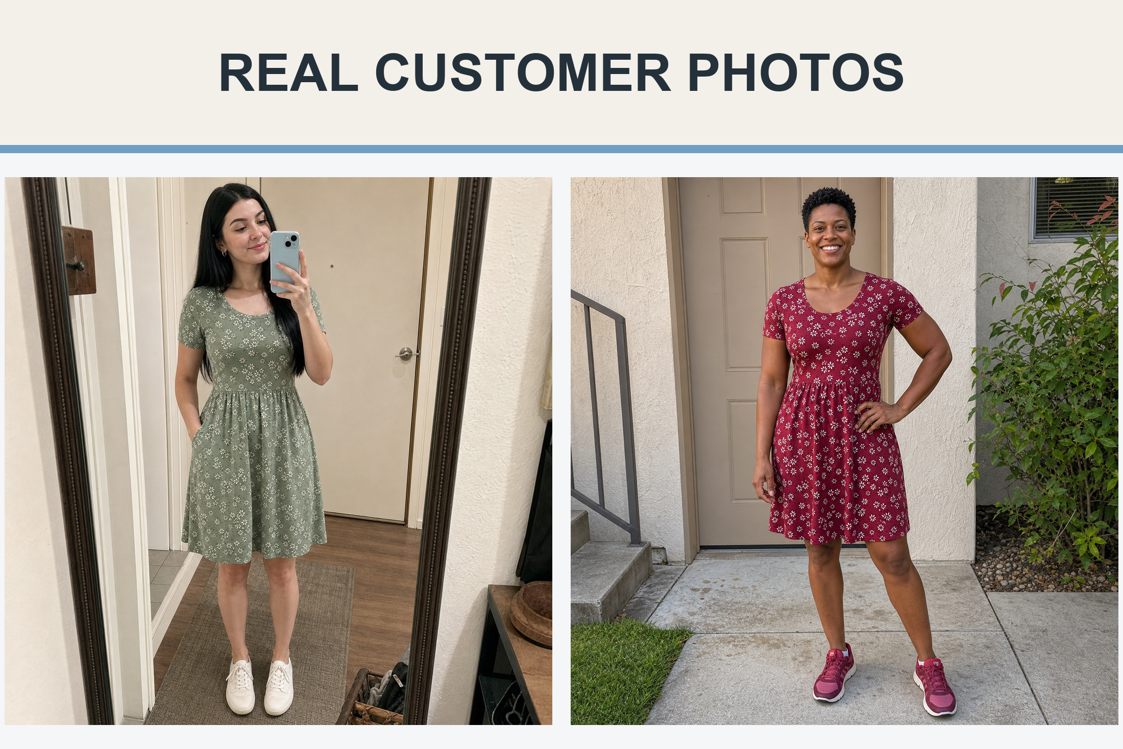 Customers wearing sage green and burgundy floral dresses