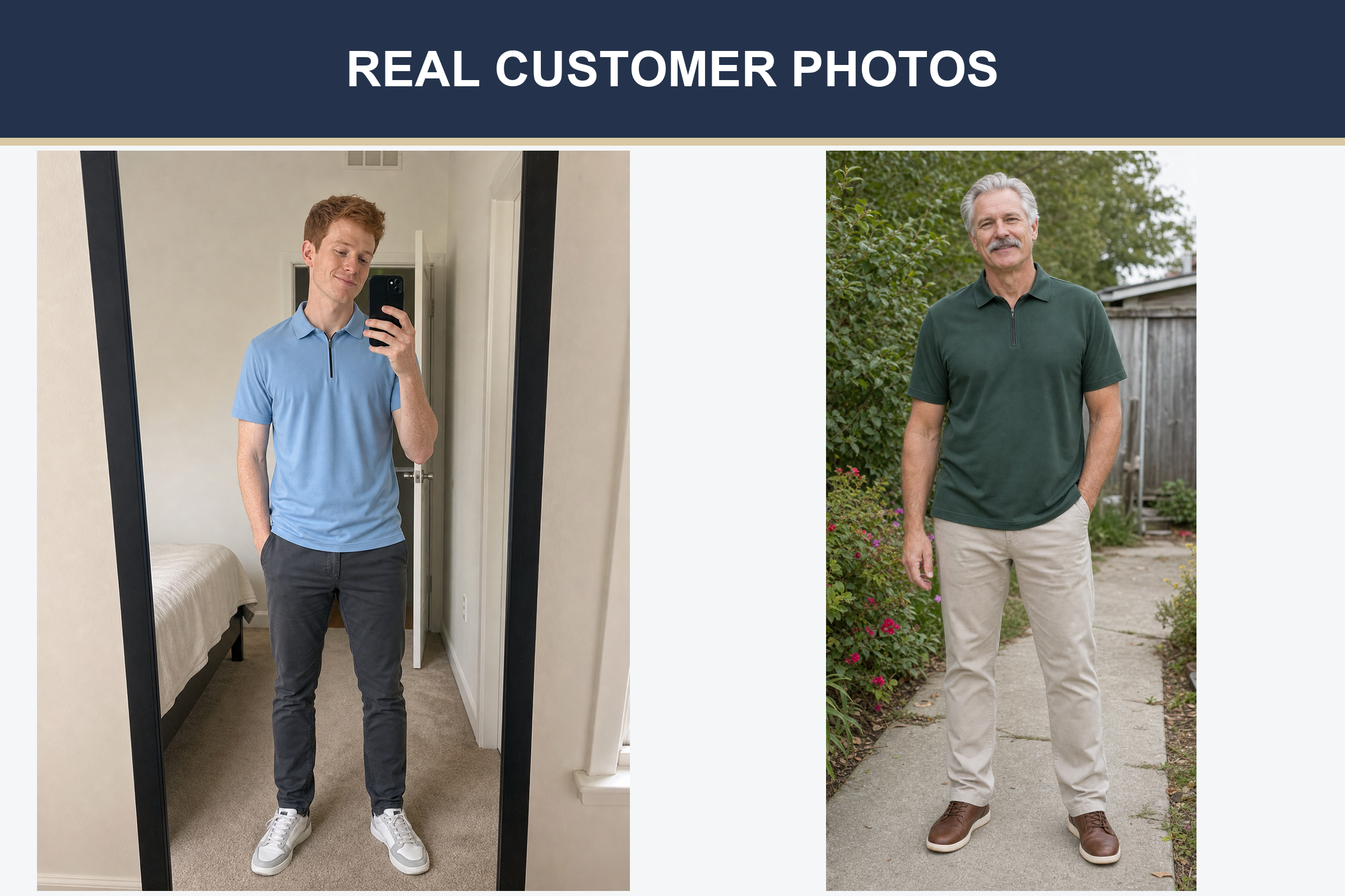 Real customer photos of men's quarter zip polo shirts set two