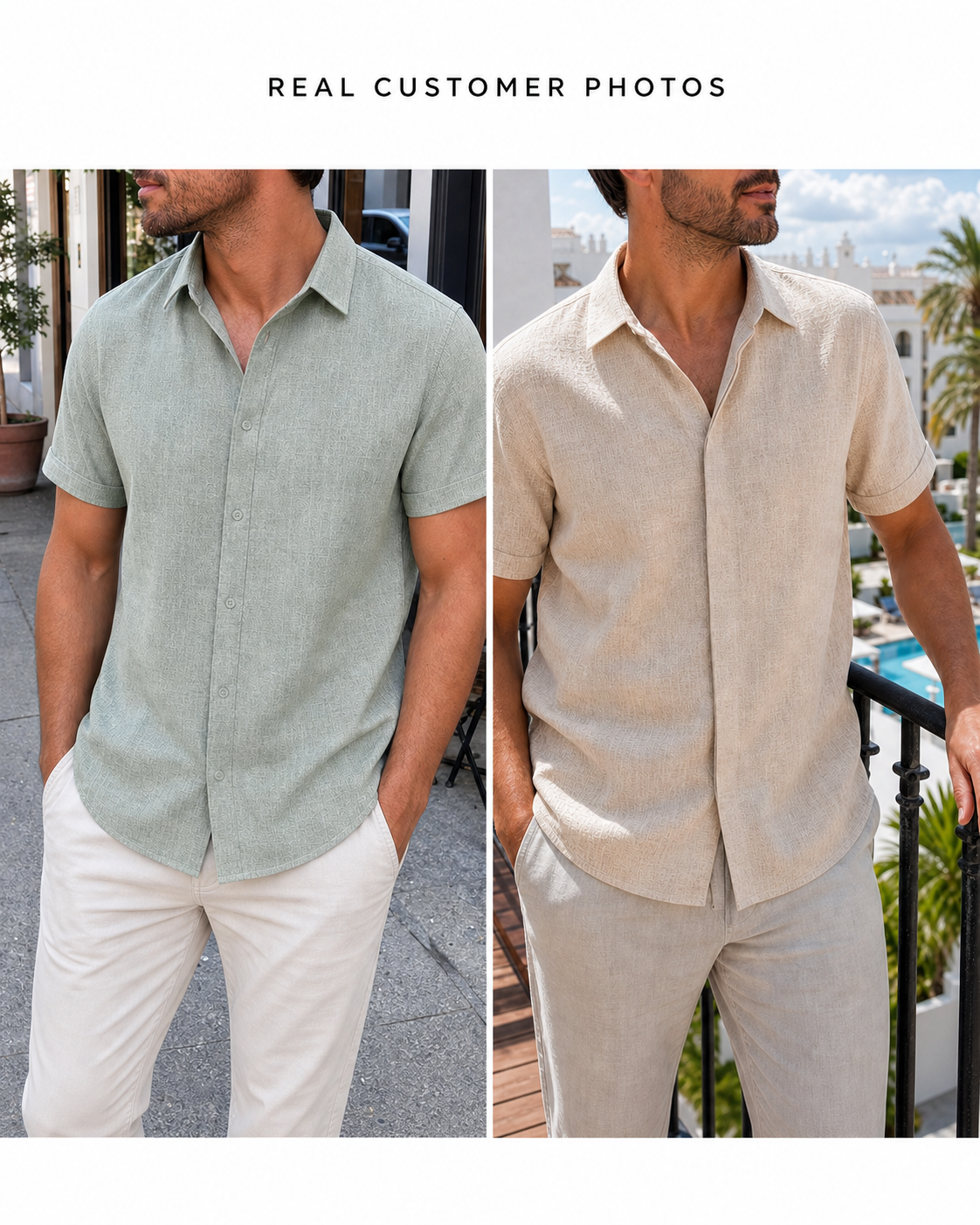 Real customer photos wearing sage and sand beige shirts
