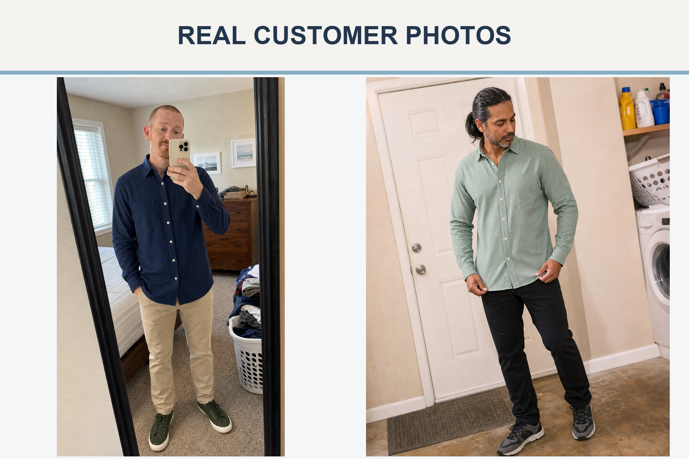 Real customer photos wearing navy and sage shirts