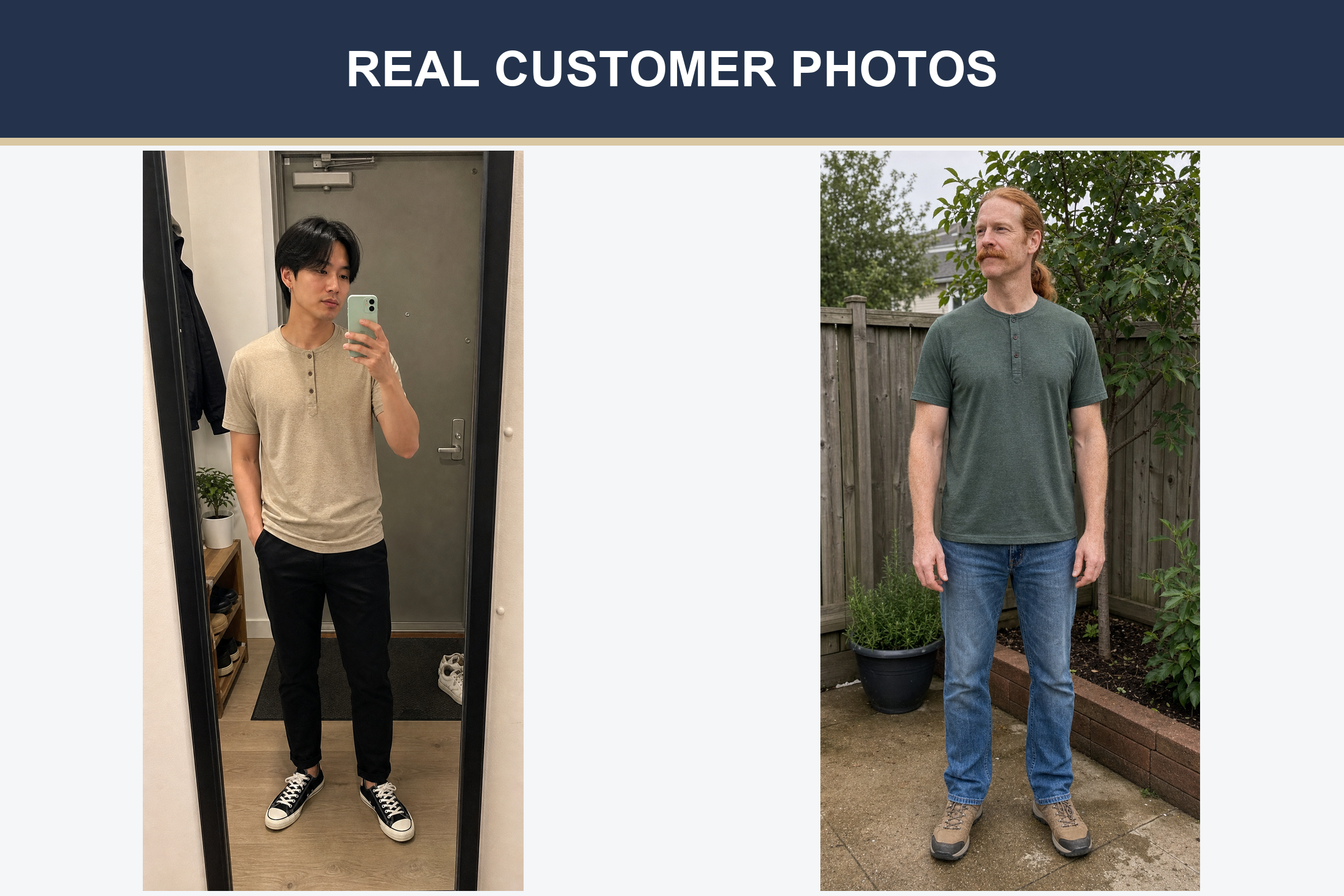 Real customer photos in sand beige and forest green Henleys