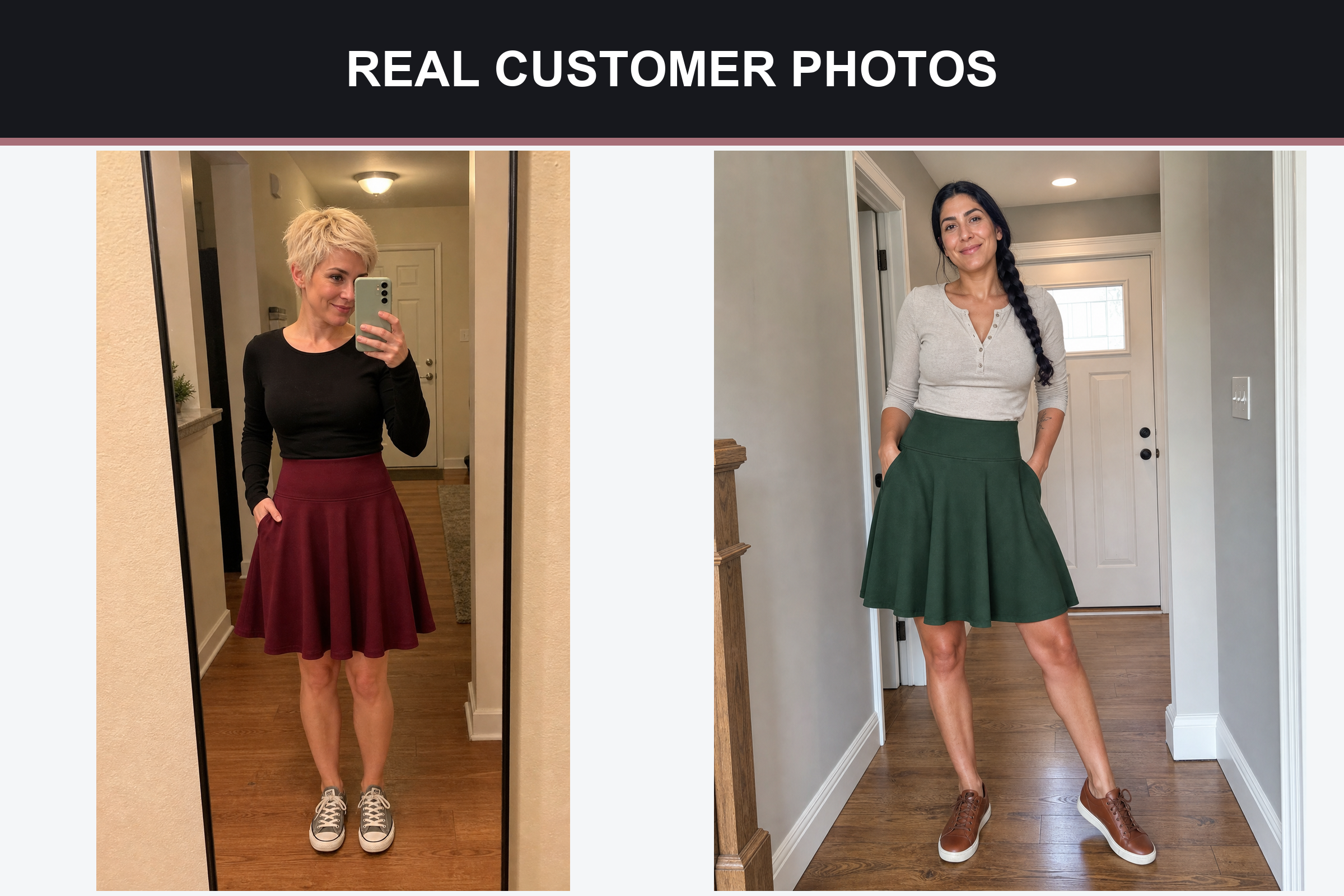 Real customer photos wearing burgundy and forest green skater skirts