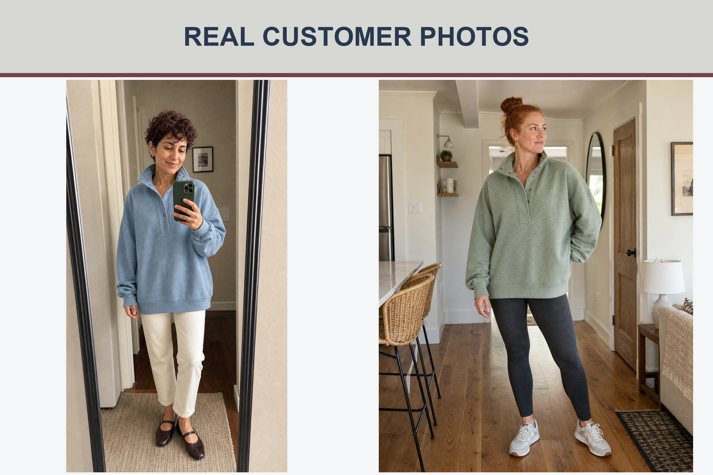Real customer photos in dusty blue and sage pullovers