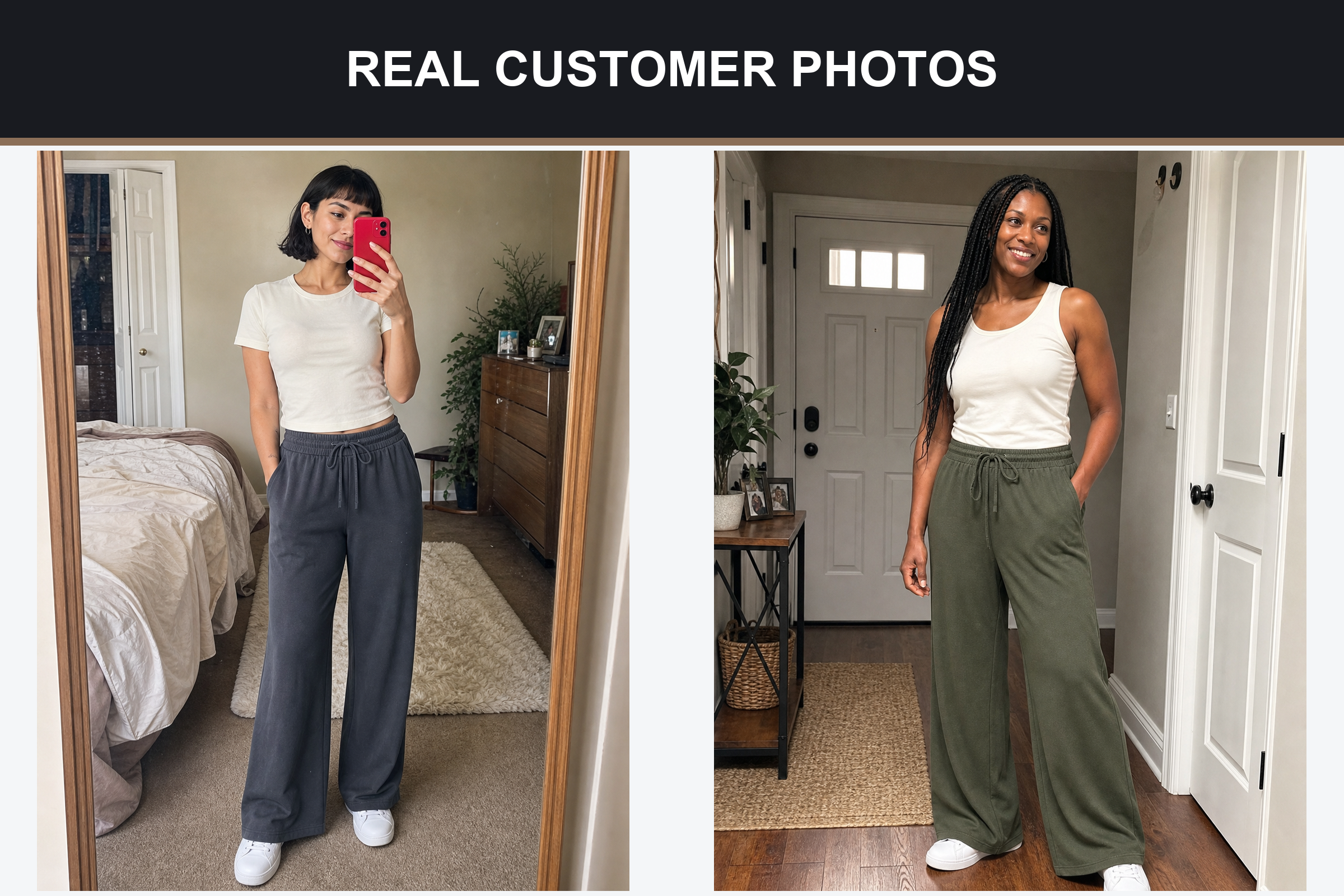 Real customer photos wearing charcoal and olive wide-leg pants