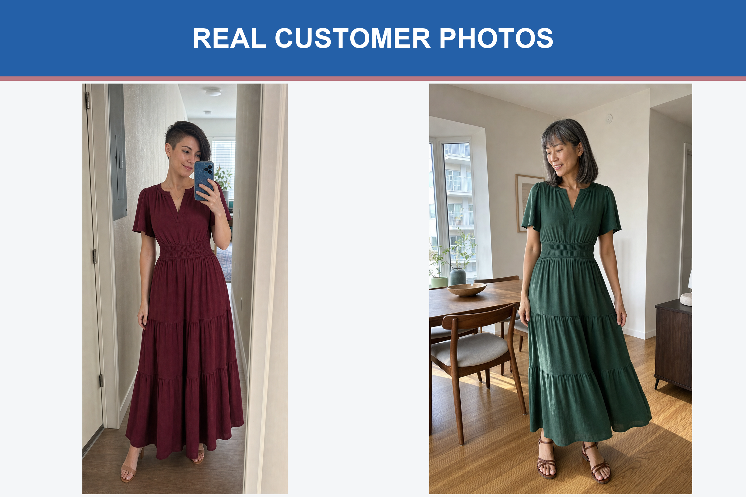 Real customer photos in burgundy and forest green maxi dresses