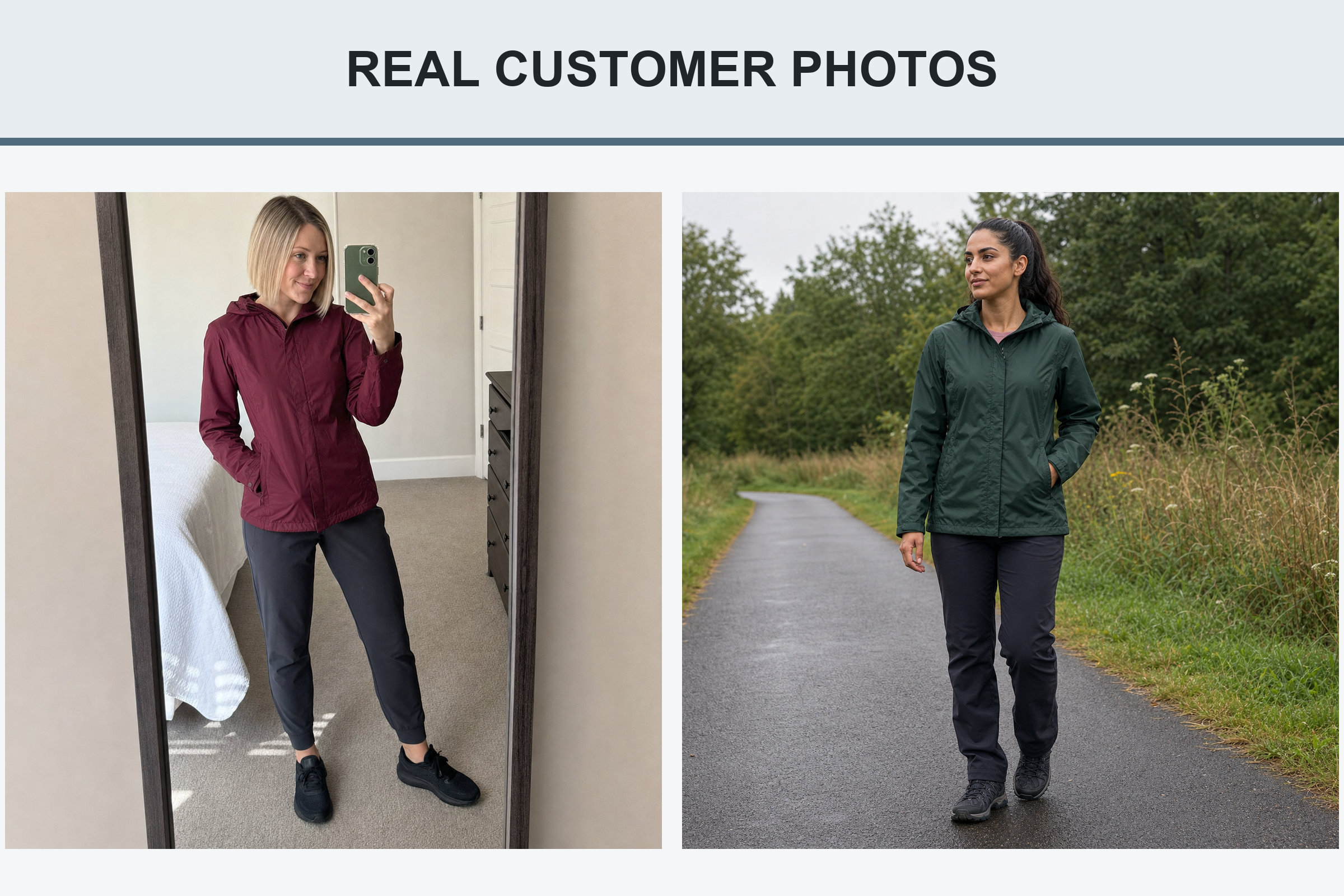 Real customer photos wearing burgundy and forest green hooded jackets