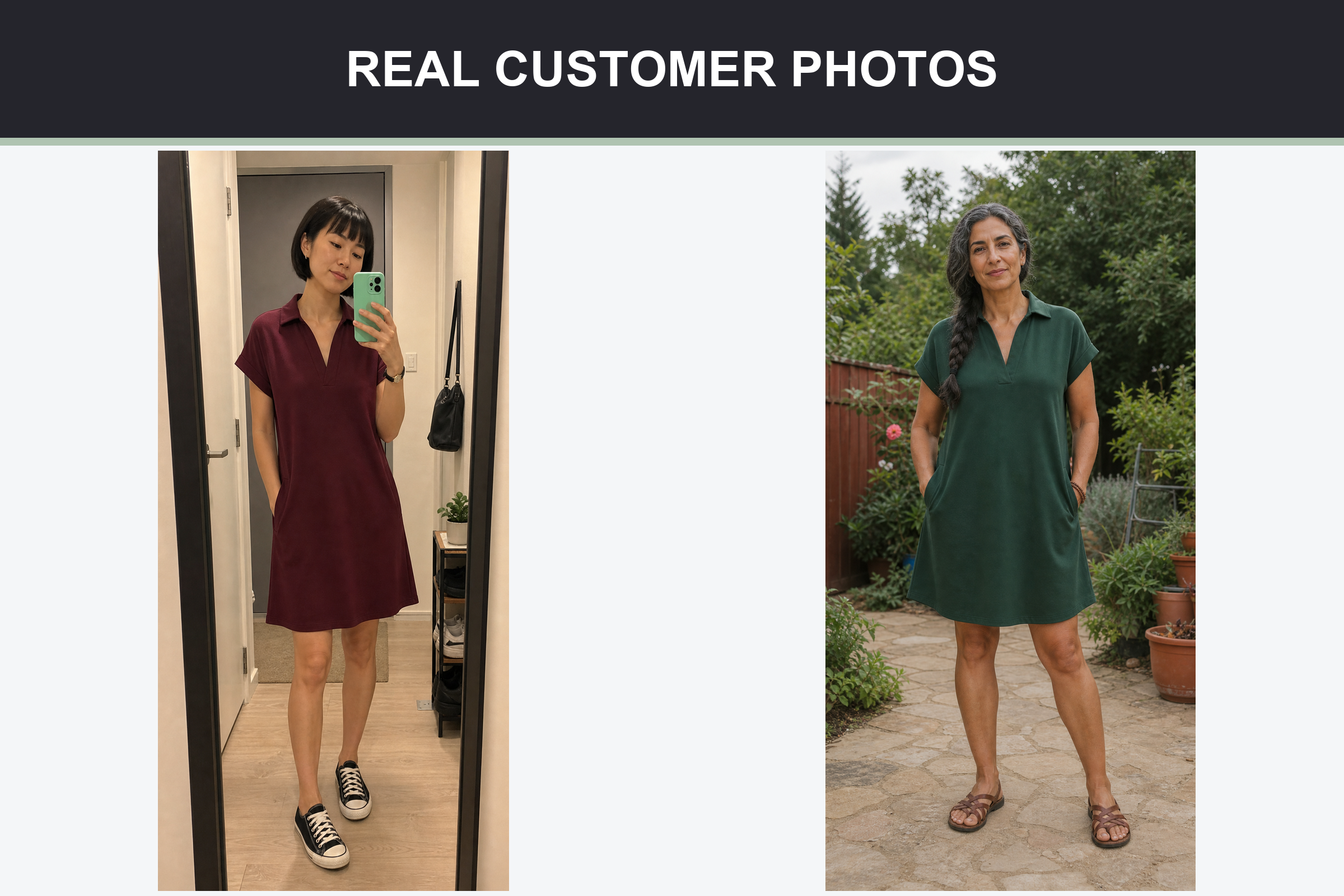 Real customer photos wearing burgundy and forest green collared pocket dresses