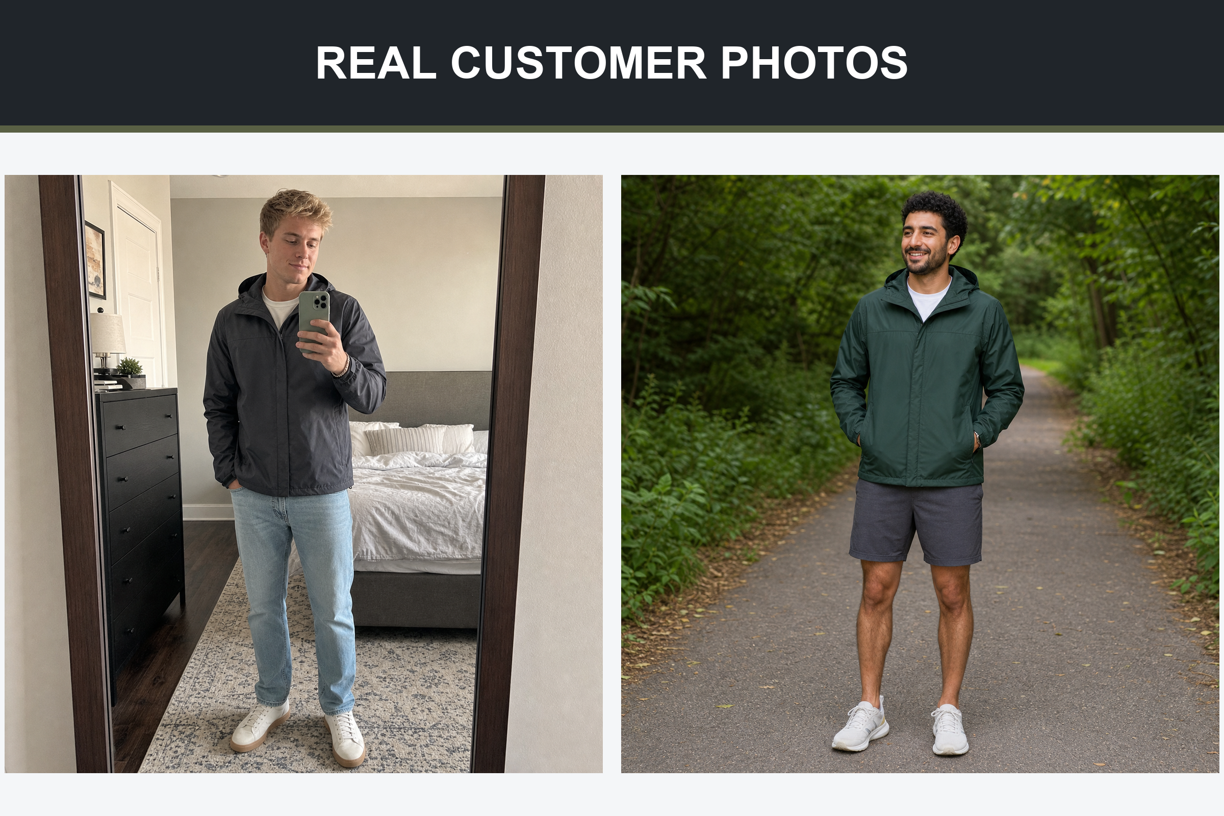 Real customer photos wearing charcoal gray and forest green hooded jackets