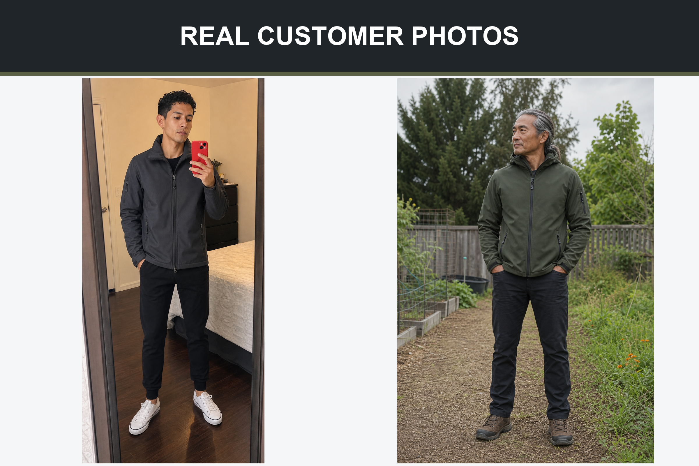 Real customer photos wearing charcoal and olive hooded softshell jackets