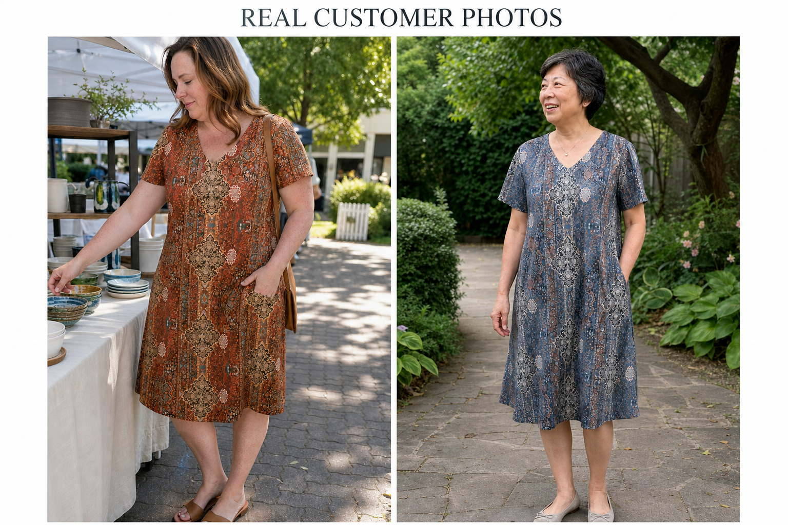 Customers wearing terracotta and slate blue print dresses