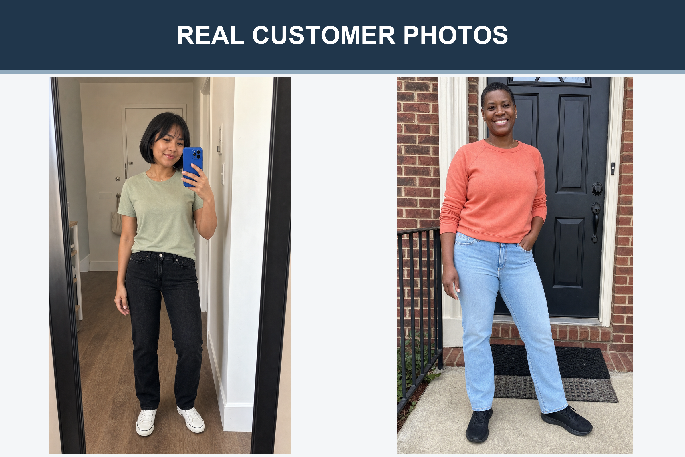 Real customer photos in black and light-wash jeans
