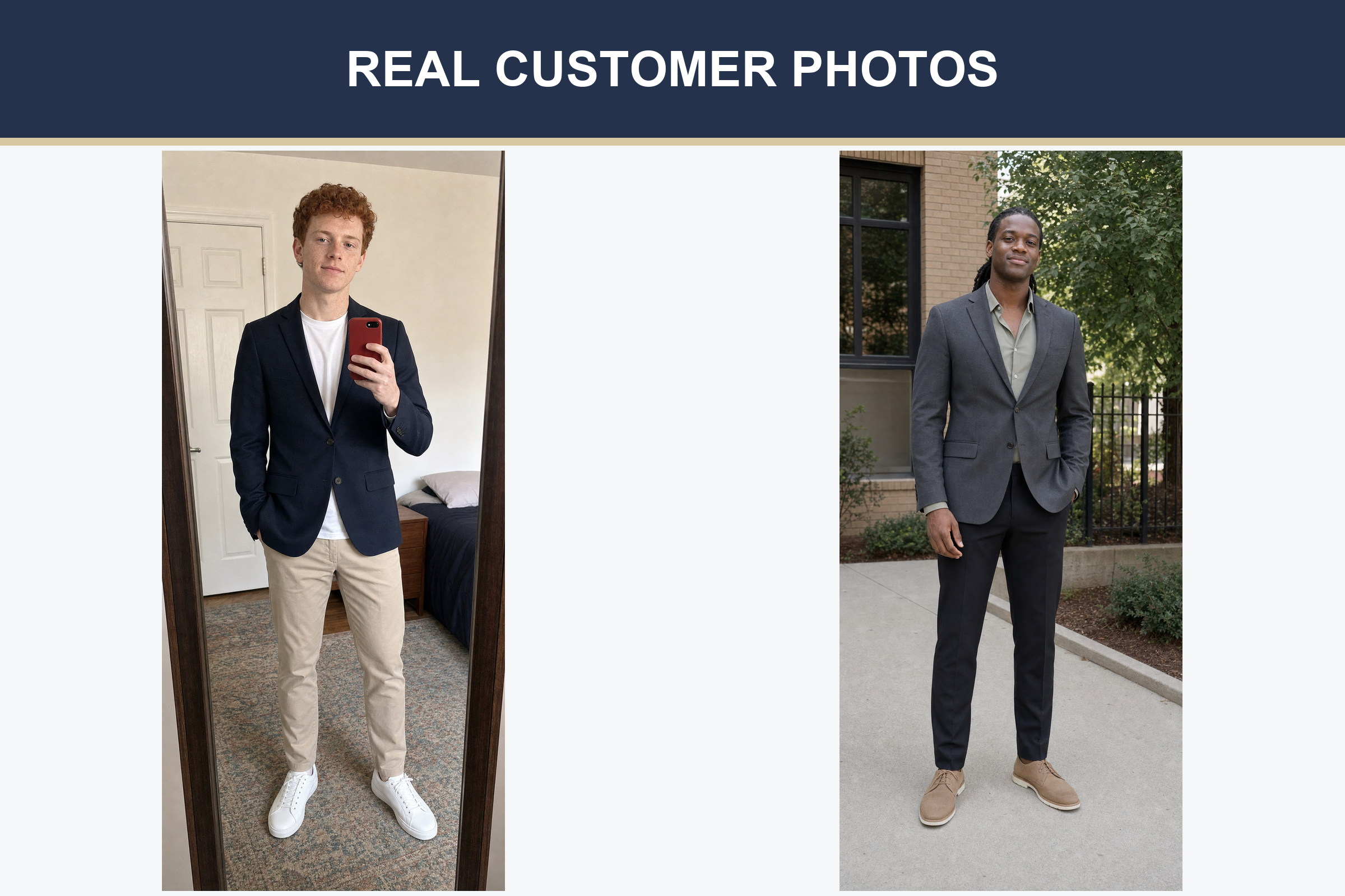 Real customer photos wearing navy and charcoal tailored blazers