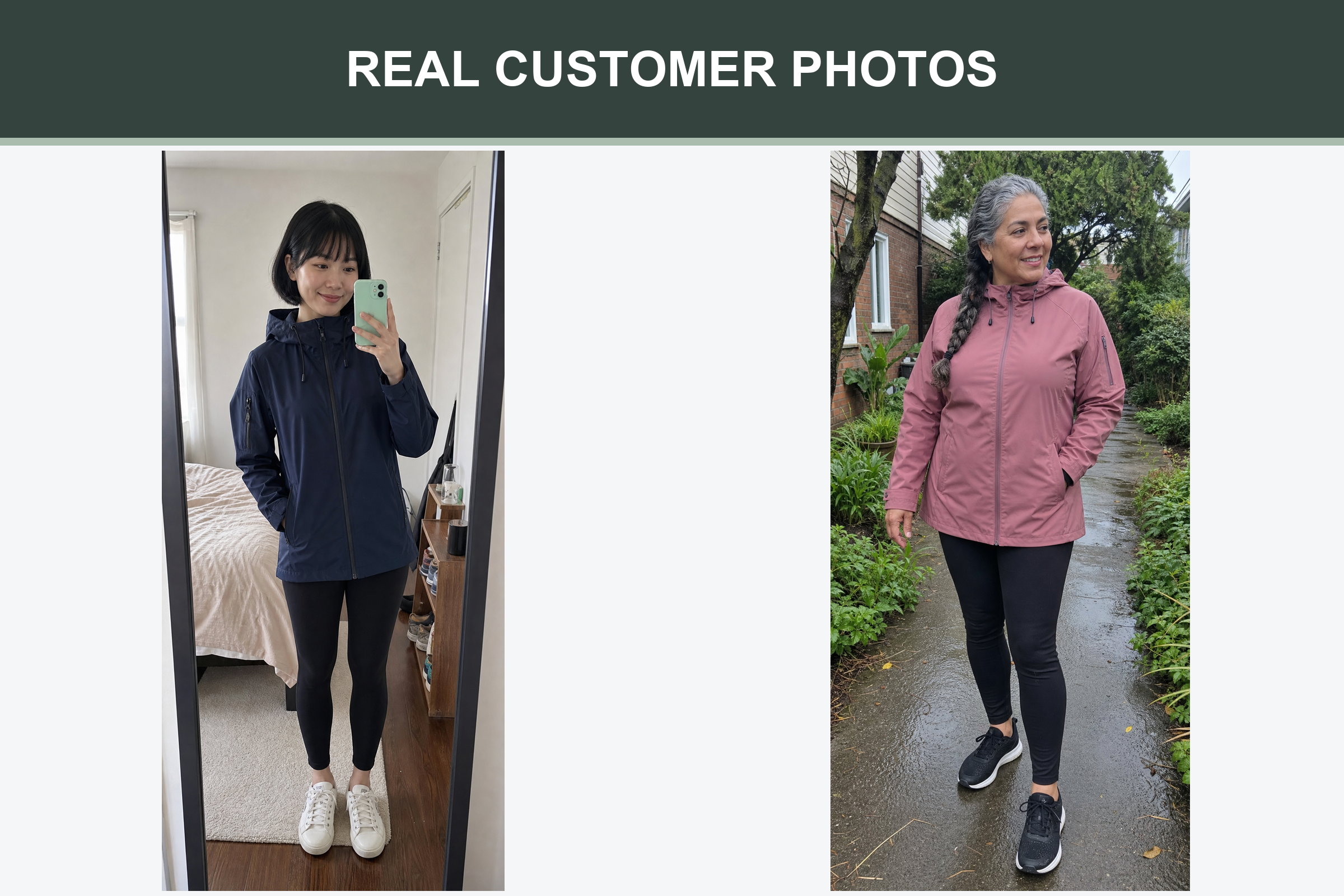 Real customer photos wearing deep navy and dusty rose rain jackets