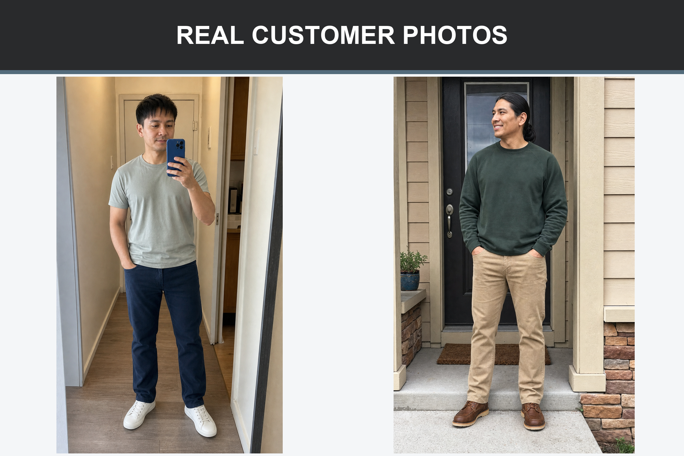 Real customer photos in navy and khaki straight pants