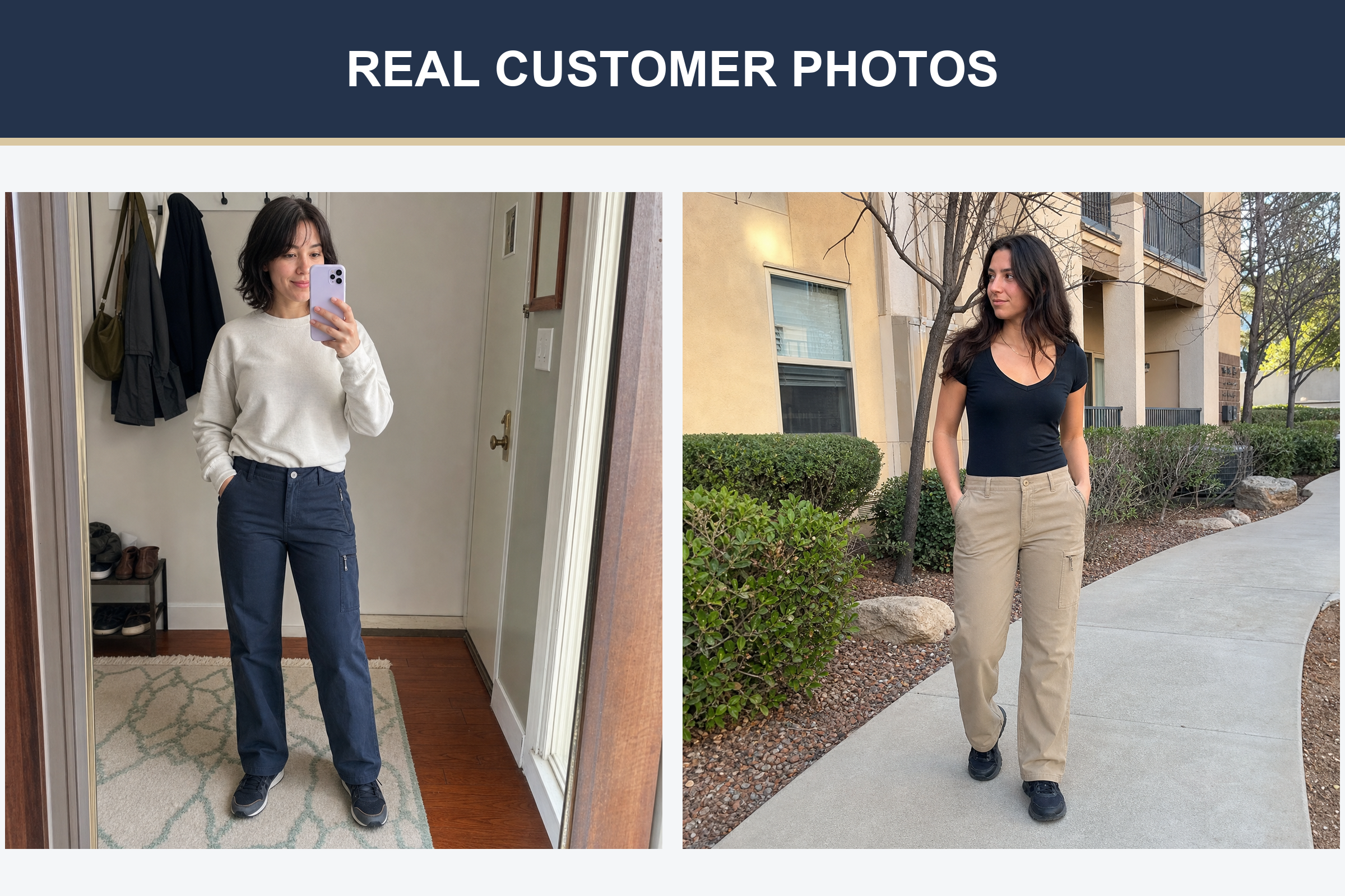 Real customer photos wearing navy and khaki cargo pants