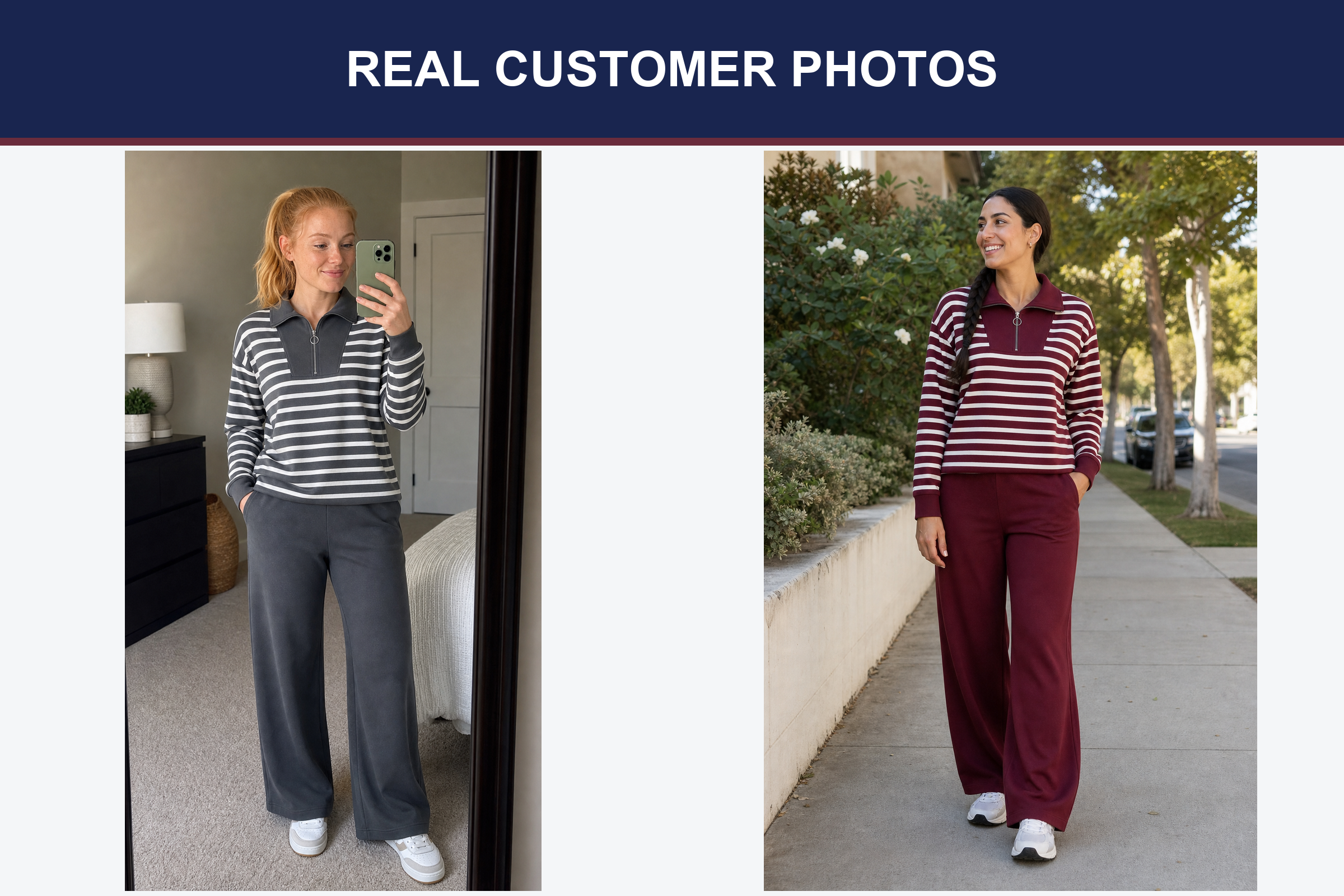 Real customer photos wearing charcoal and burgundy striped sets