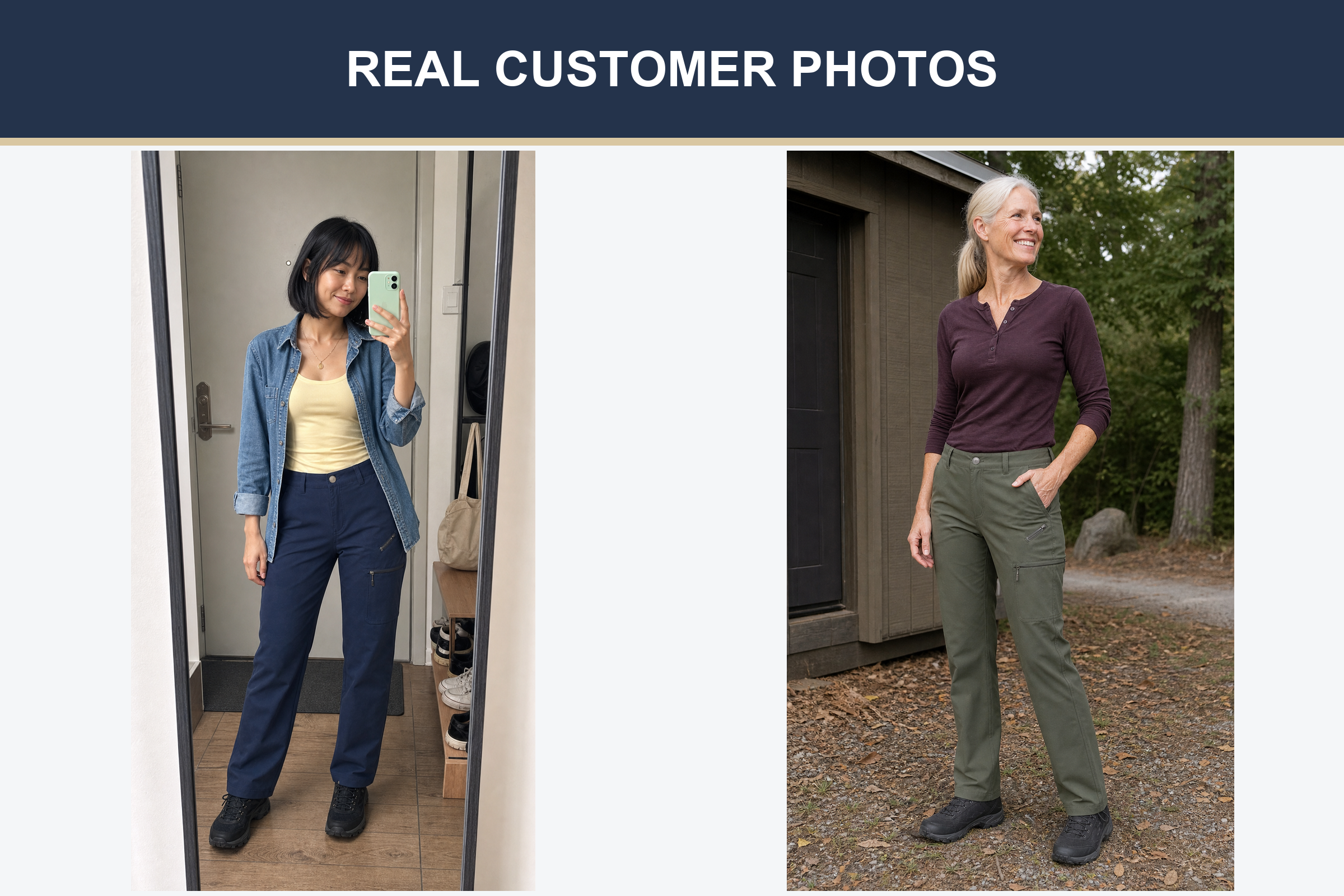 Real customer photos wearing navy and olive cargo hiking pants