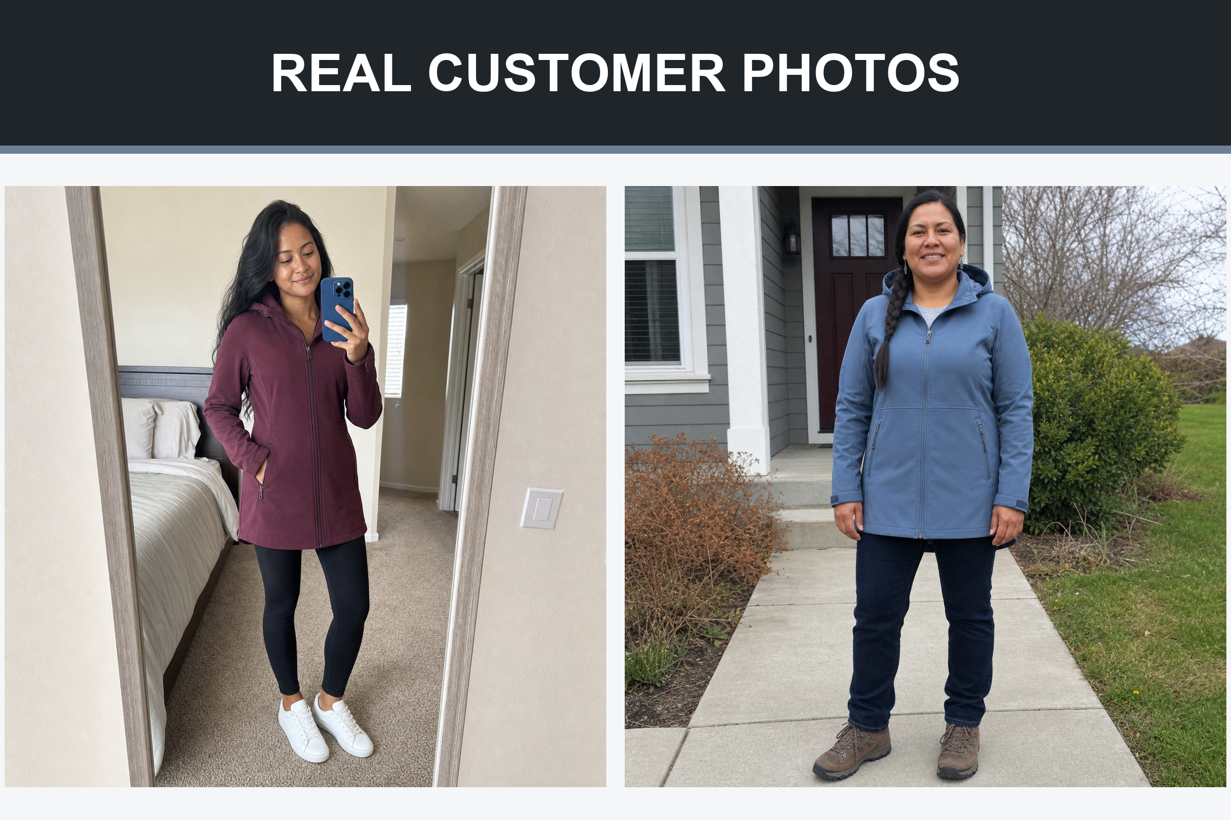 Real customer photos wearing burgundy and dusty blue hooded jackets