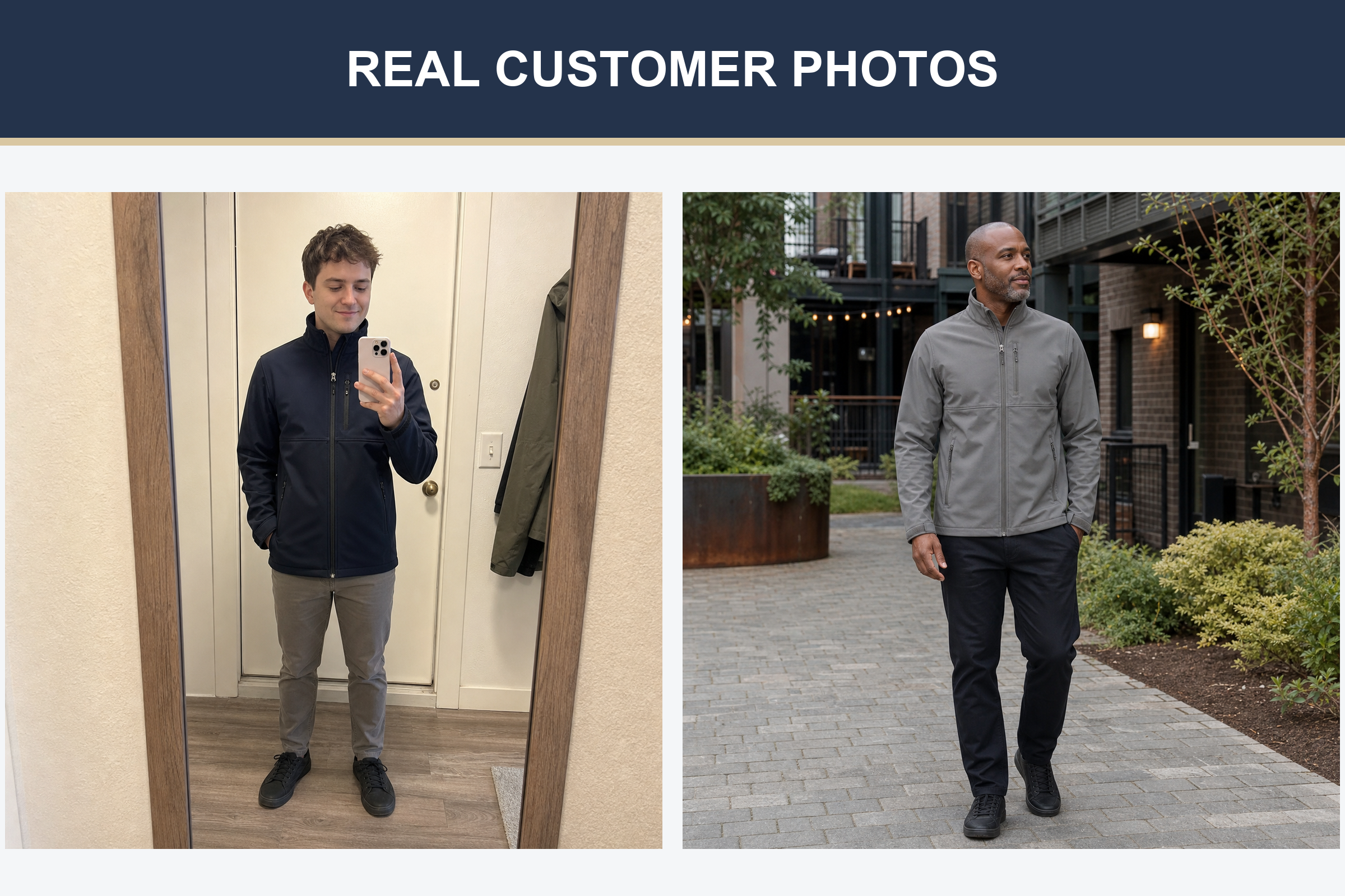 Real customer photos wearing deep navy and stone gray stand-collar jackets