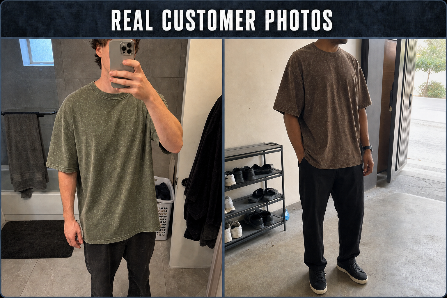 Real customer photos wearing washed oversized T-shirts in casual settings