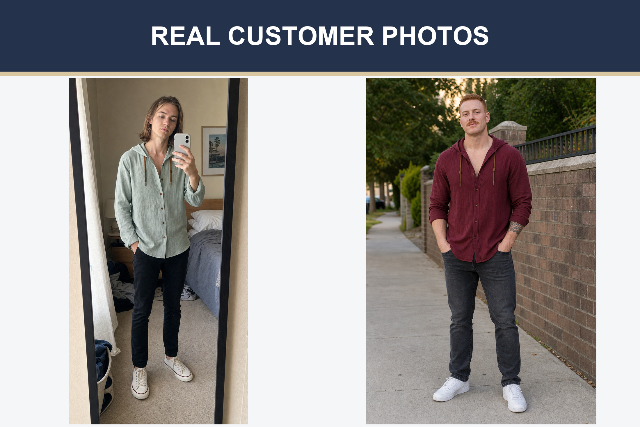 Real customer photos in sage and burgundy shirt colors