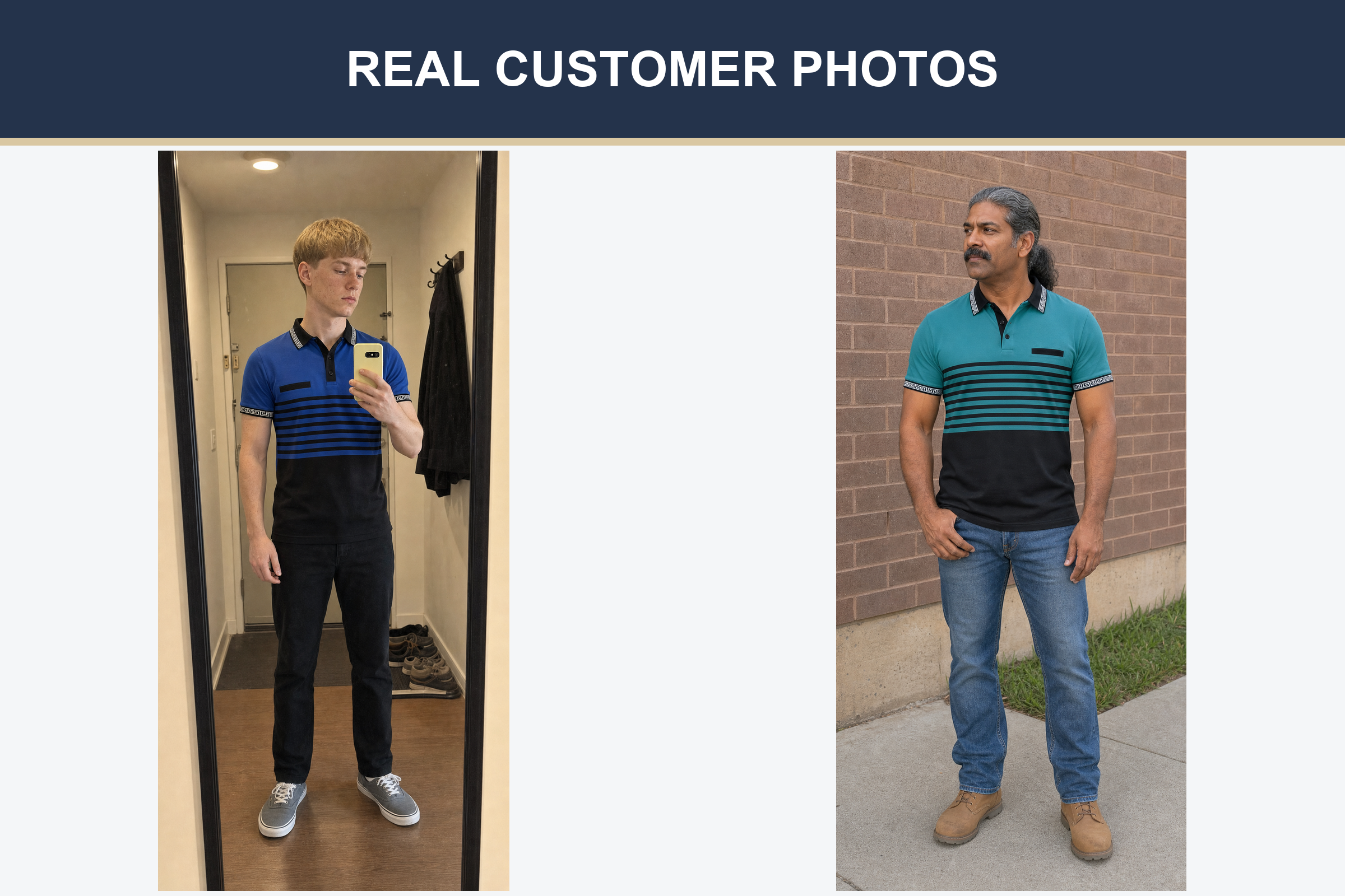 Real customer polo photos in royal blue and teal