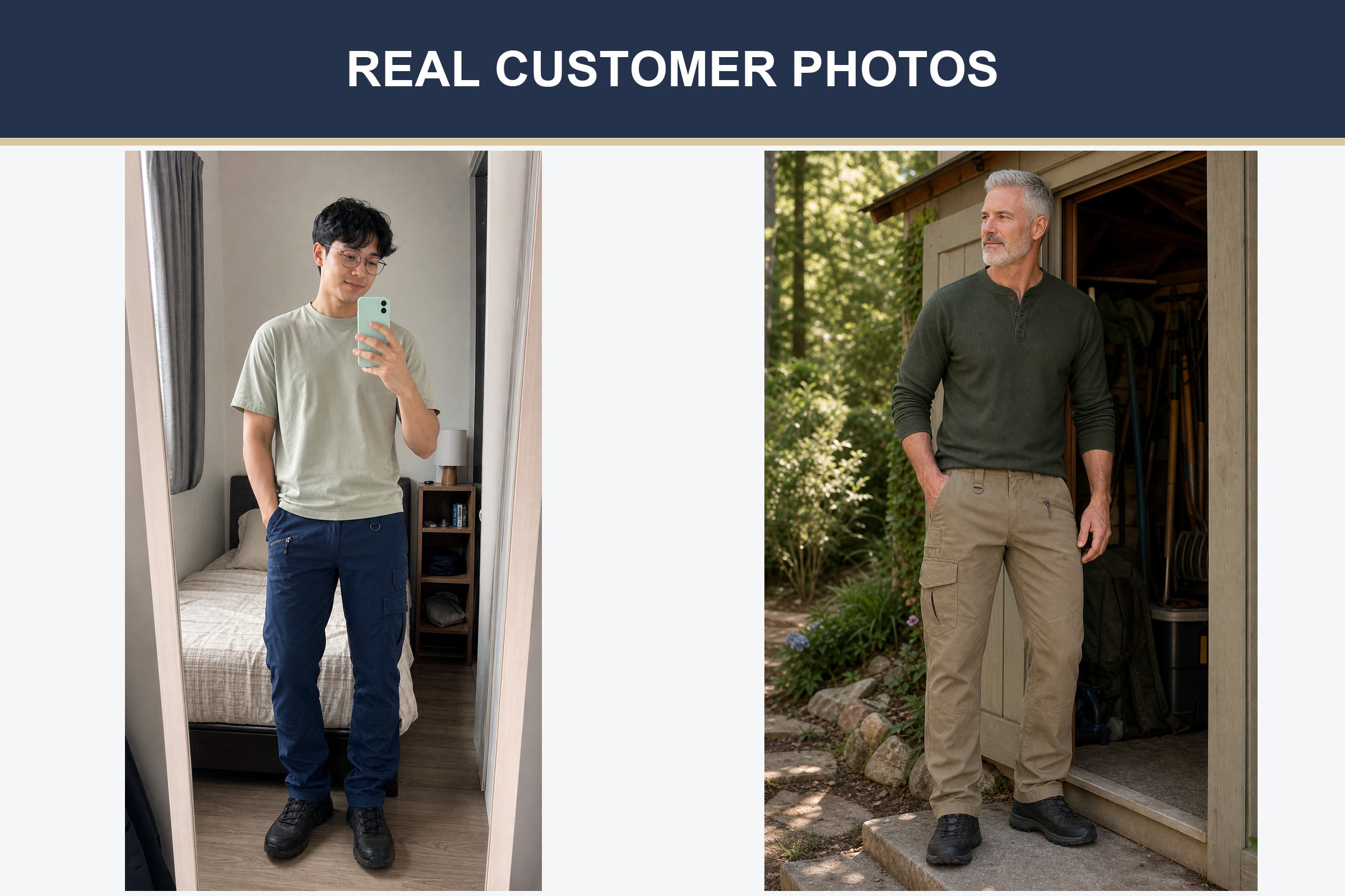 Real customer photos wearing navy and khaki cargo hiking pants