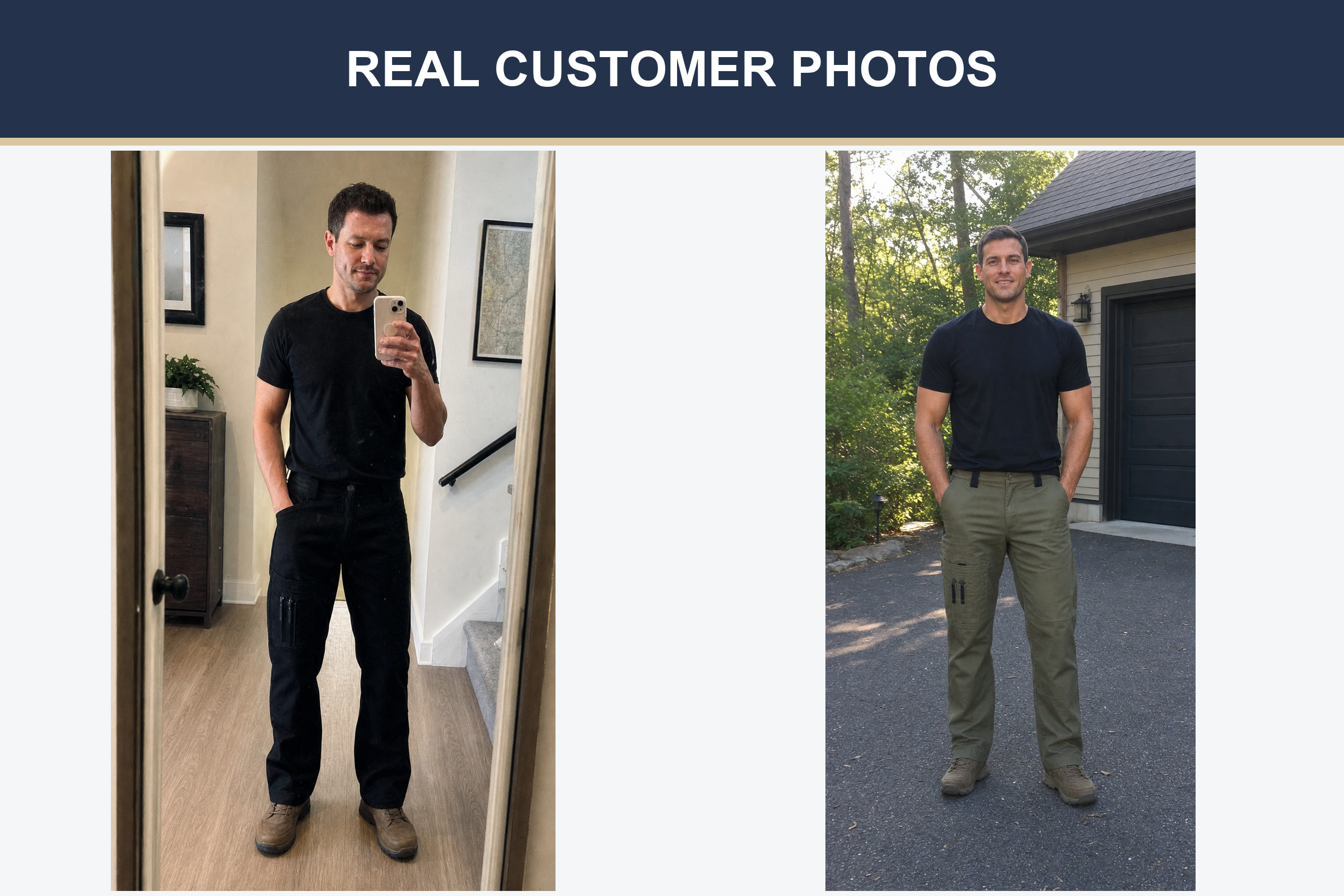 Real customer photos wearing black and olive work pants