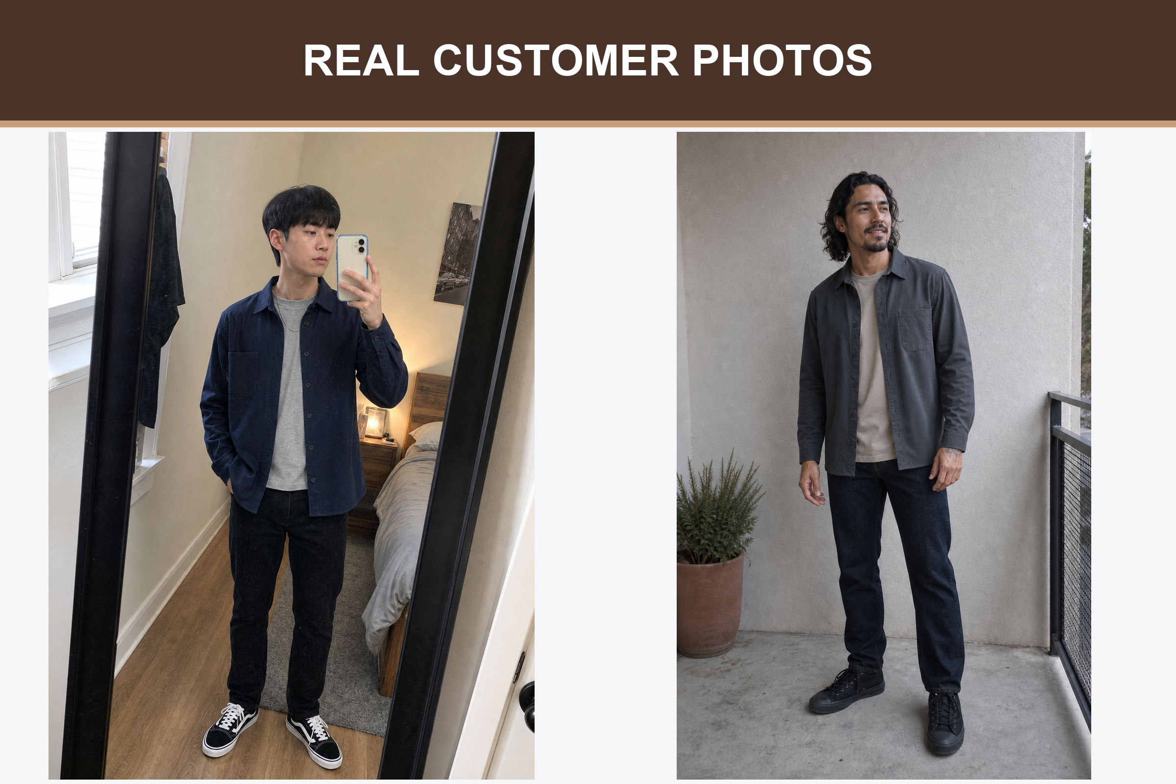 Real customer photos wearing navy blue and olive green overshirts