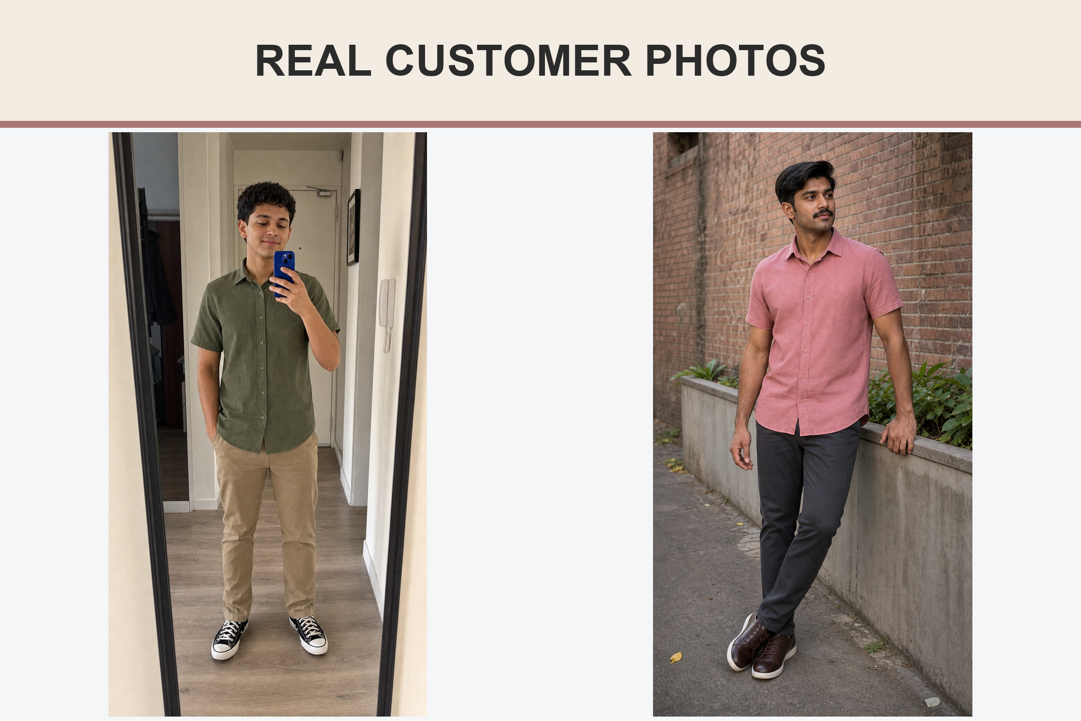 Real customer shirt photos in olive and dusty rose