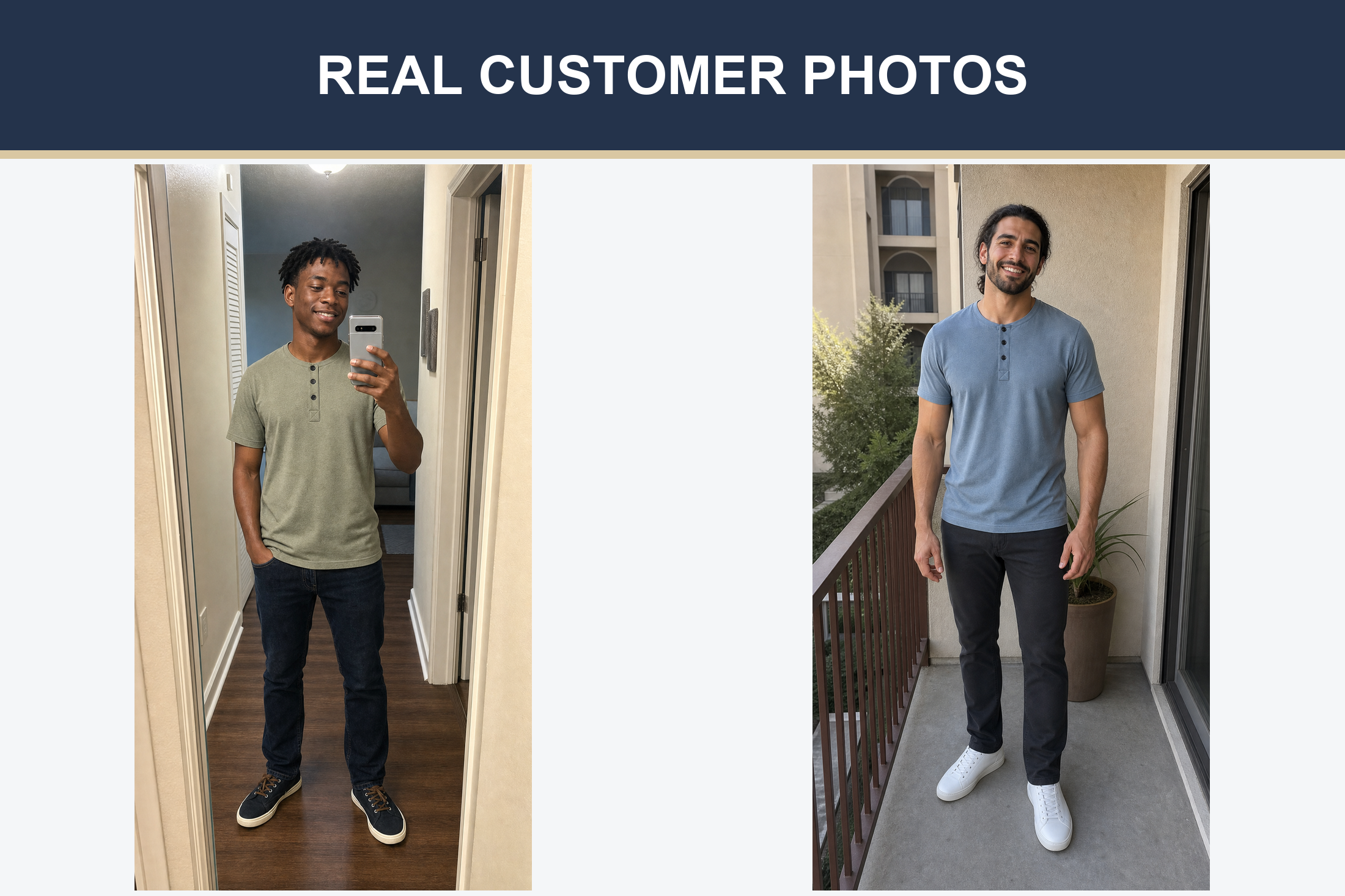 Real customer Henley photos in sage green and dusty blue