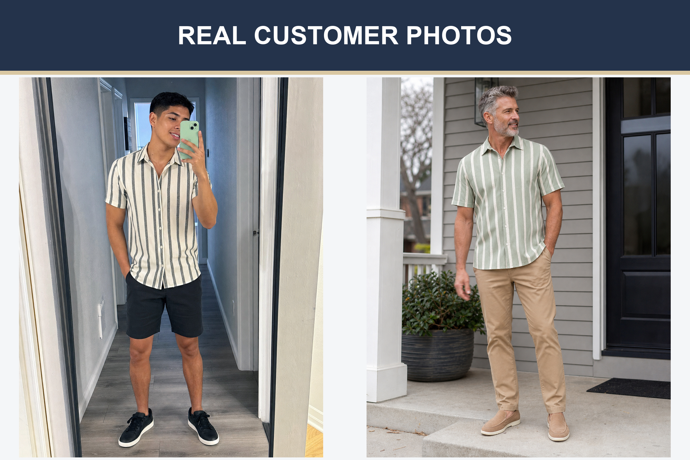 Real customer photos wearing ivory and sage striped shirts